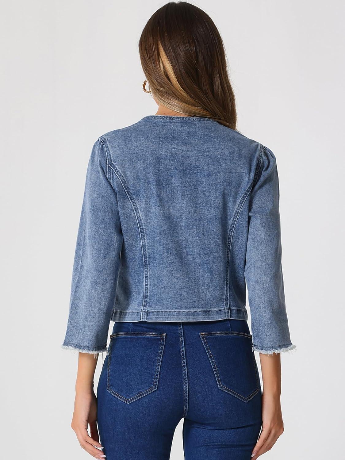 imageAllegra K Denim Jacket for Womens Collarless 2024 Cardigan Distresse 34 Sleeve Crop Jean JacketsGrey Blue