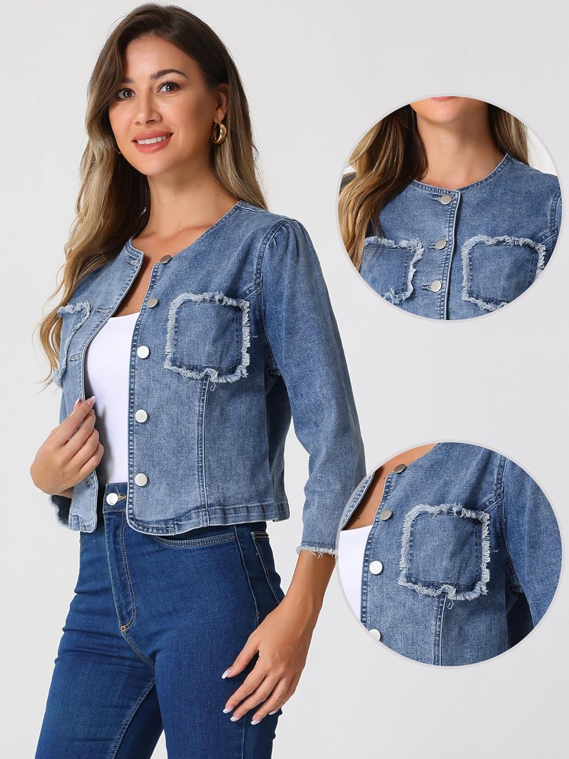 imageAllegra K Denim Jacket for Womens Collarless 2024 Cardigan Distresse 34 Sleeve Crop Jean JacketsGrey Blue