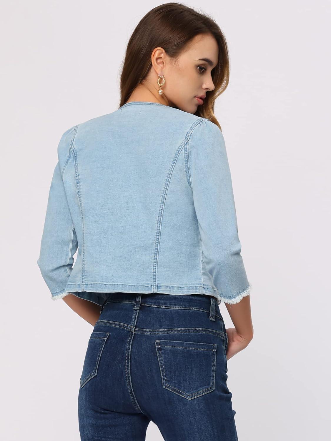 imageAllegra K Denim Jacket for Womens Collarless 2024 Cardigan Distresse 34 Sleeve Crop Jean JacketsLight Blue
