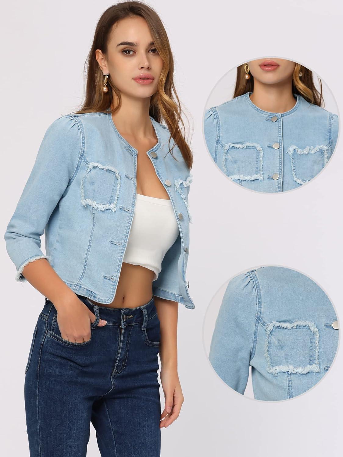imageAllegra K Denim Jacket for Womens Collarless 2024 Cardigan Distresse 34 Sleeve Crop Jean JacketsLight Blue