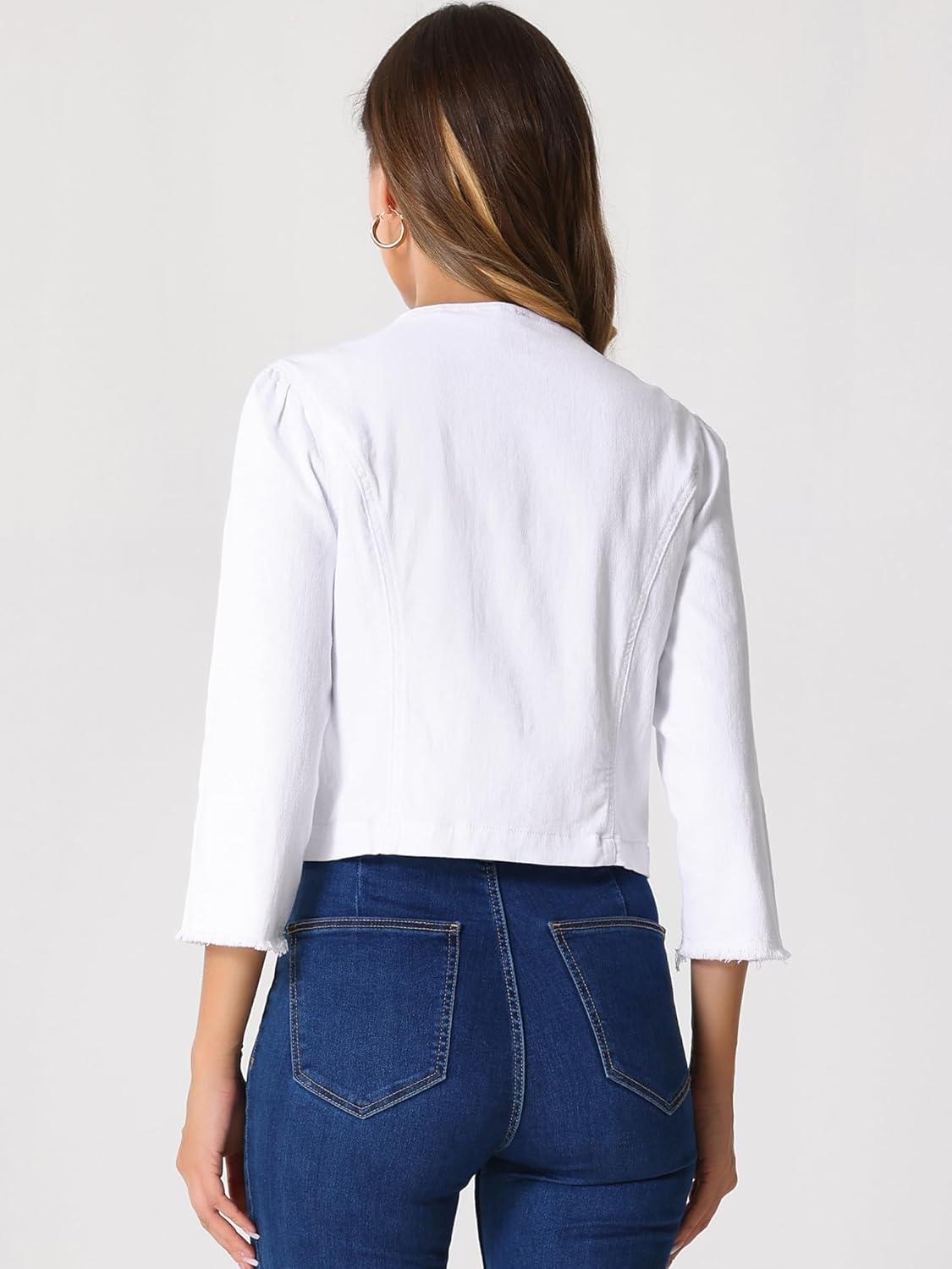imageAllegra K Denim Jacket for Womens Collarless 2024 Cardigan Distresse 34 Sleeve Crop Jean JacketsWhite