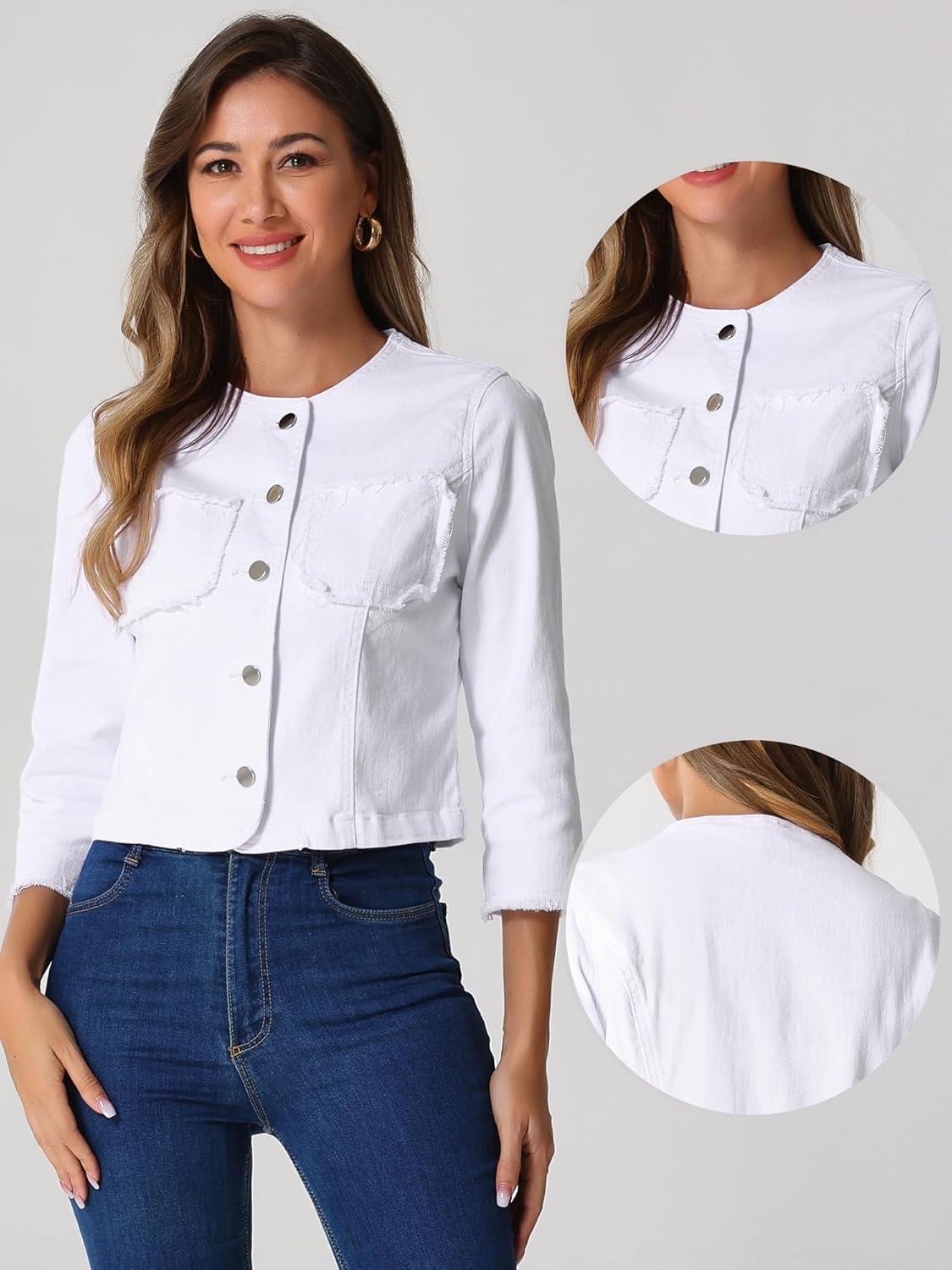 imageAllegra K Denim Jacket for Womens Collarless 2024 Cardigan Distresse 34 Sleeve Crop Jean JacketsWhite