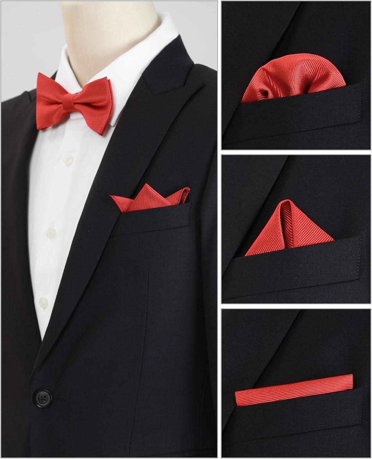 imageAllegra K Mens Solid Color PreTied Bow Tie with Matching Pocket Square Set for Wedding PartyRed