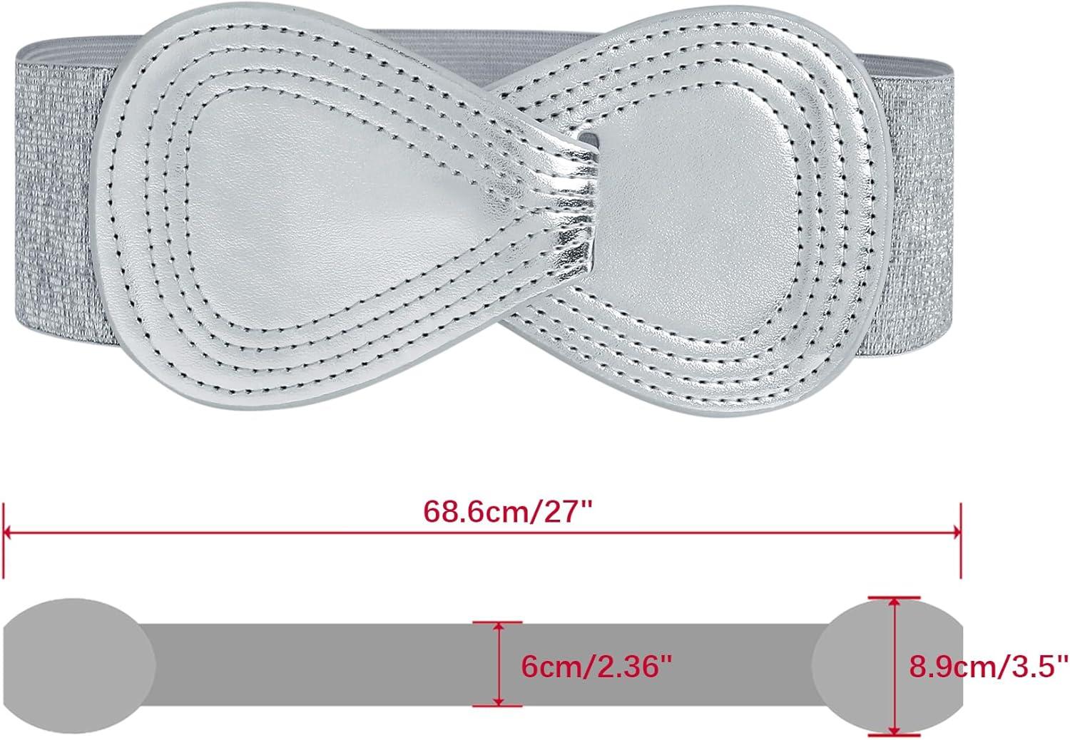 imageAllegra K Plus Size Interlock Buckle 8shaped Faux Leather Elastic Belt Cinch Waistband for LadyMetallic Silver