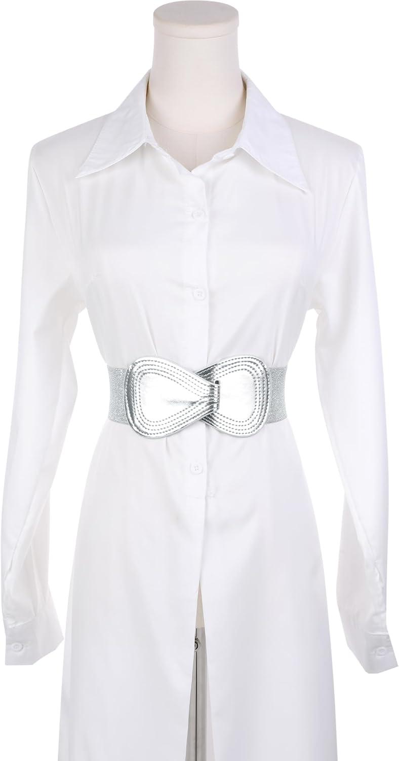 imageAllegra K Plus Size Interlock Buckle 8shaped Faux Leather Elastic Belt Cinch Waistband for LadyMetallic Silver