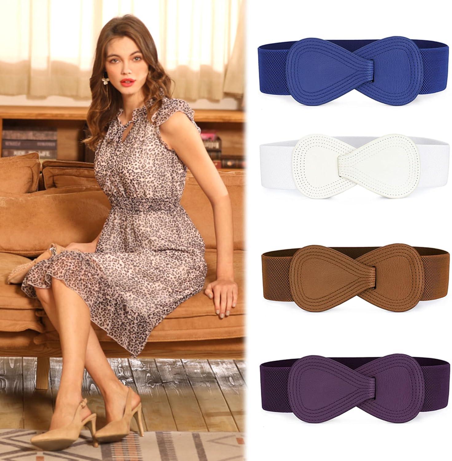 imageAllegra K Plus Size Interlock Buckle 8shaped Faux Leather Elastic Belt Cinch Waistband for LadyPink