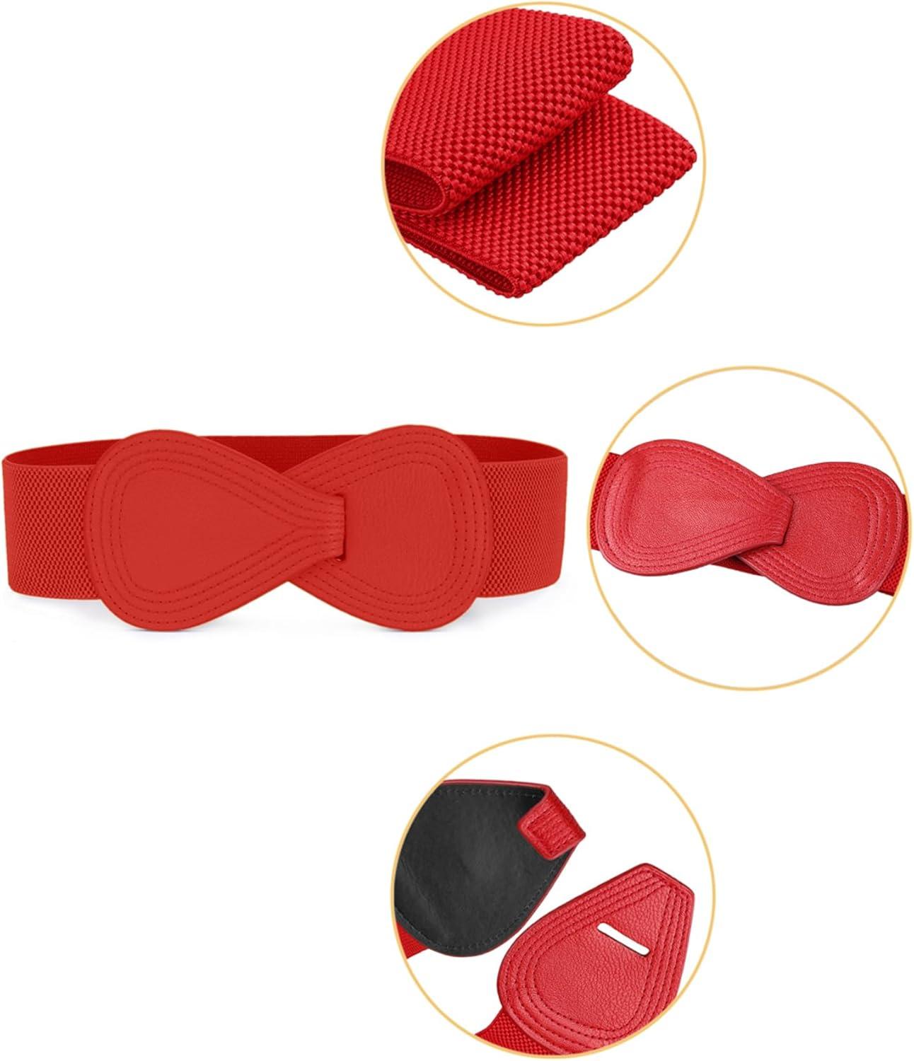 imageAllegra K Plus Size Interlock Buckle 8shaped Faux Leather Elastic Belt Cinch Waistband for LadyRed