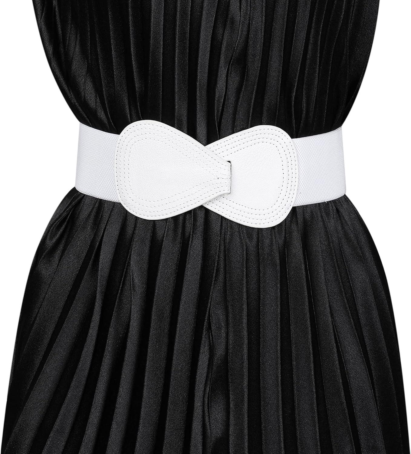 imageAllegra K Plus Size Interlock Buckle 8shaped Faux Leather Elastic Belt Cinch Waistband for LadyWhite