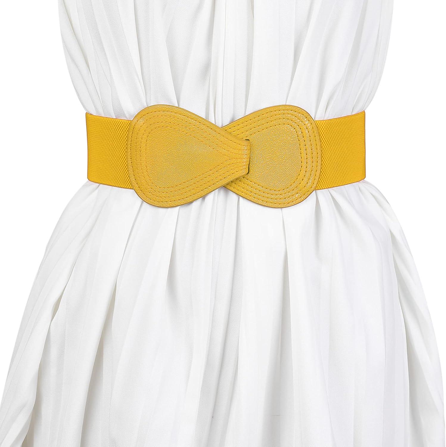 imageAllegra K Plus Size Interlock Buckle 8shaped Faux Leather Elastic Belt Cinch Waistband for LadyYellow