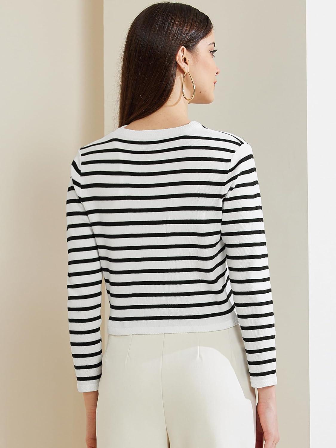 imageAllegra K Striped Cardigan Sweater for Womens Long Sleeve Button Down Crewneck Trendy Knit CardigansWhite Black