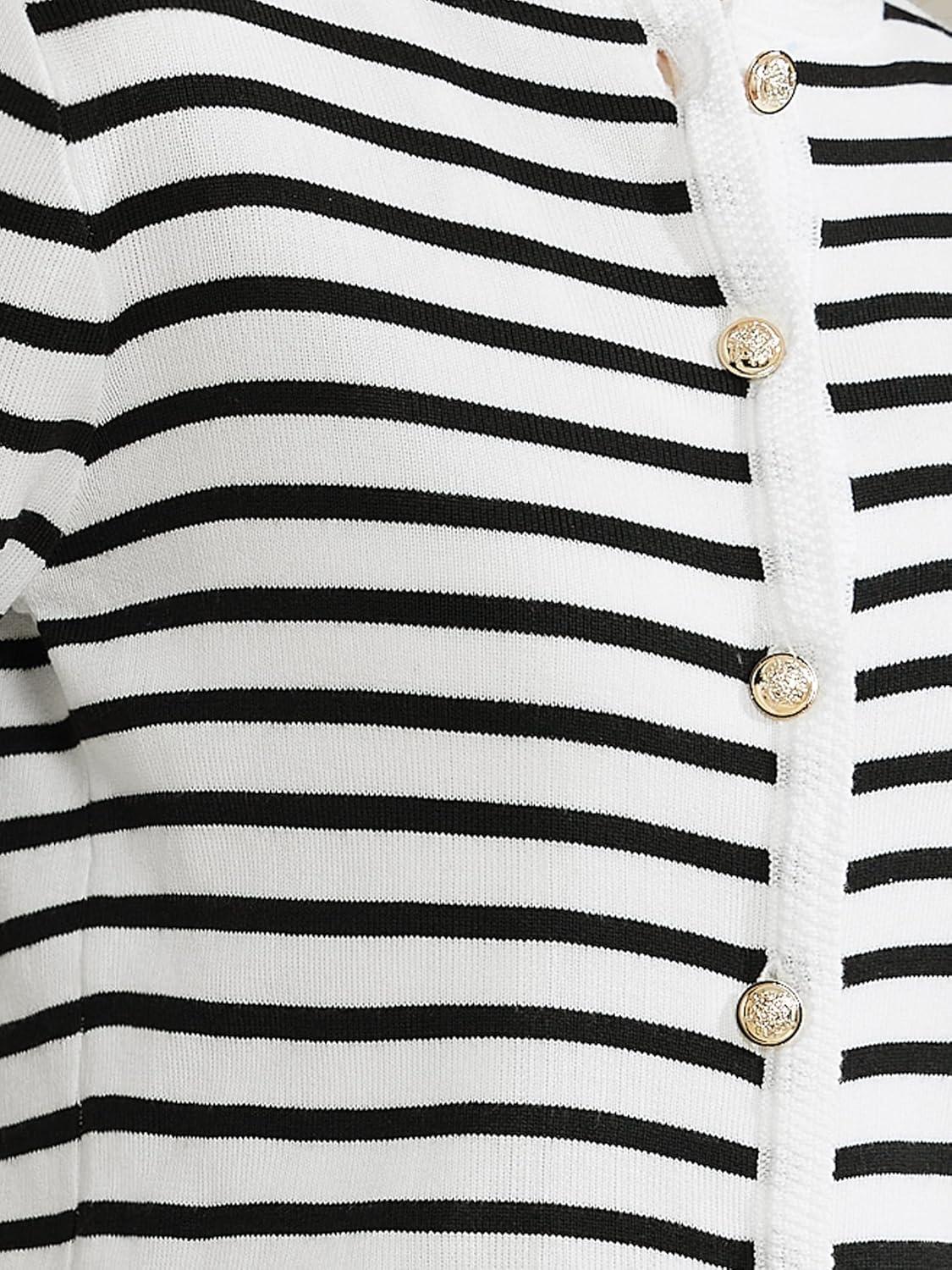imageAllegra K Striped Cardigan Sweater for Womens Long Sleeve Button Down Crewneck Trendy Knit CardigansWhite Black