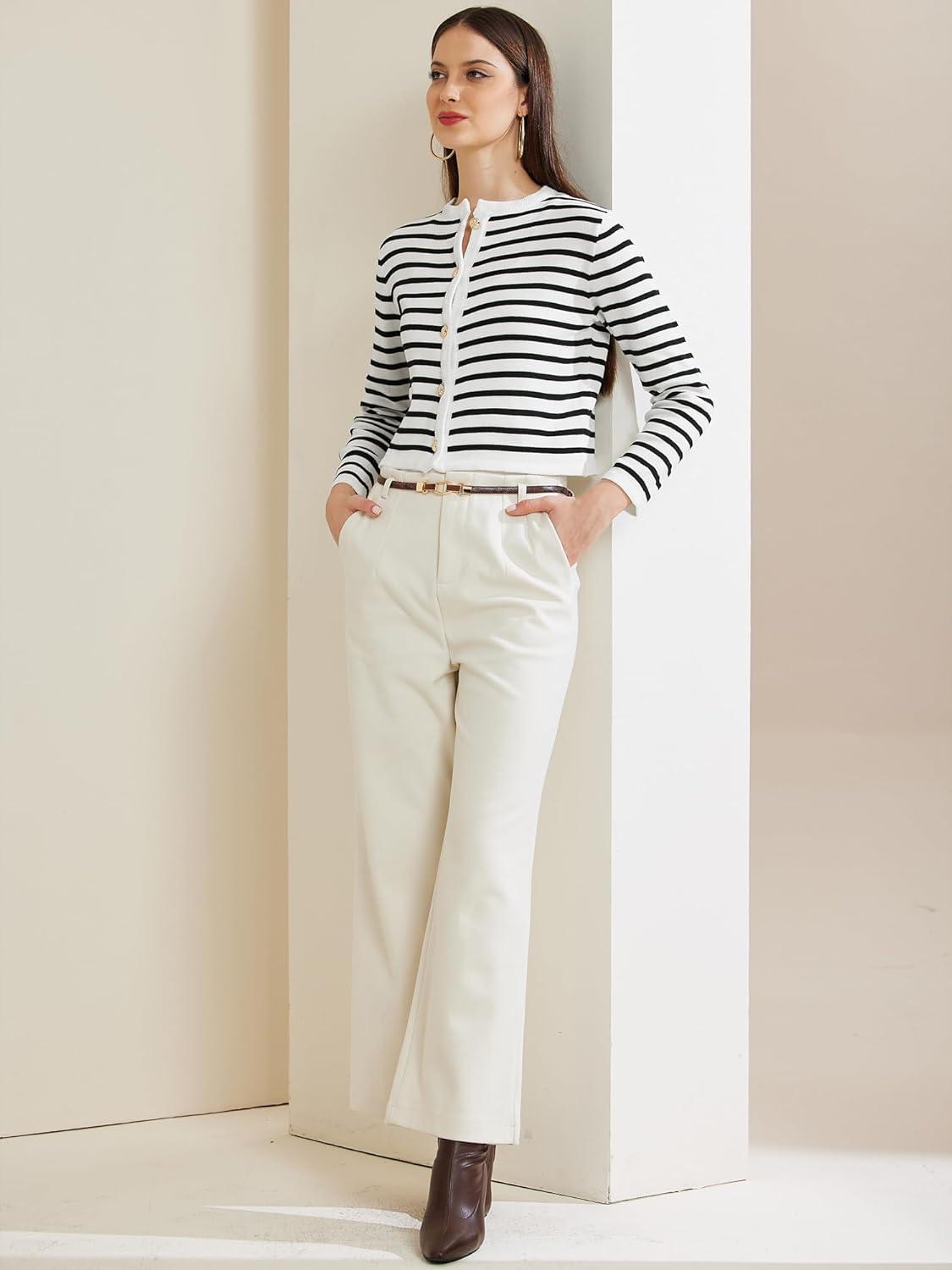 imageAllegra K Striped Cardigan Sweater for Womens Long Sleeve Button Down Crewneck Trendy Knit CardigansWhite Black