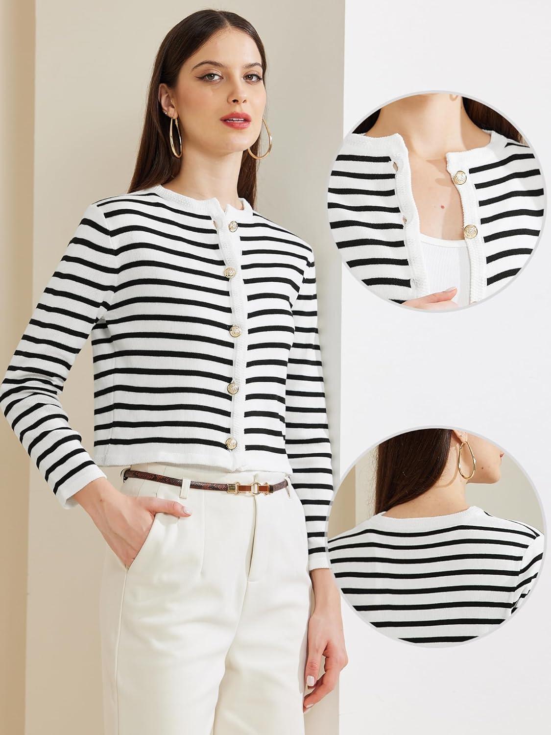 imageAllegra K Striped Cardigan Sweater for Womens Long Sleeve Button Down Crewneck Trendy Knit CardigansWhite Black