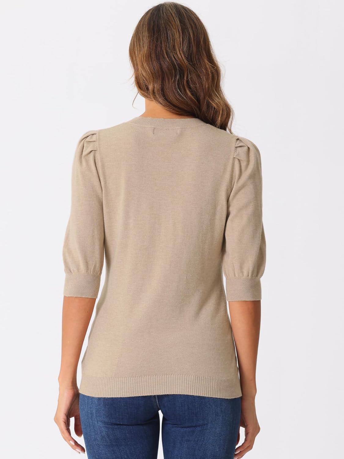 imageAllegra K Sweater Tops for Women Puff Short Sleeve V Neck Trendy Business Casual Summer t Shirt BlousesApricot
