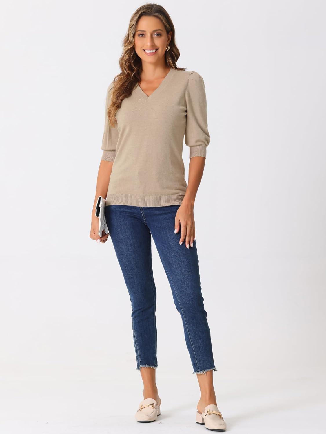imageAllegra K Sweater Tops for Women Puff Short Sleeve V Neck Trendy Business Casual Summer t Shirt BlousesApricot