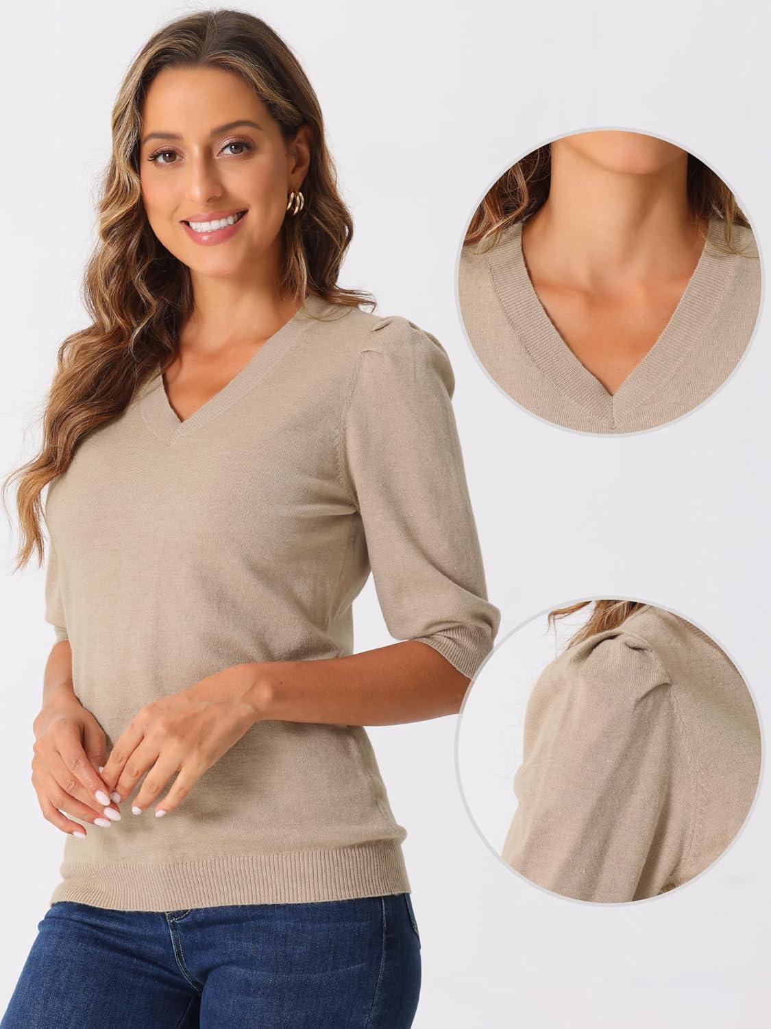 imageAllegra K Sweater Tops for Women Puff Short Sleeve V Neck Trendy Business Casual Summer t Shirt BlousesApricot