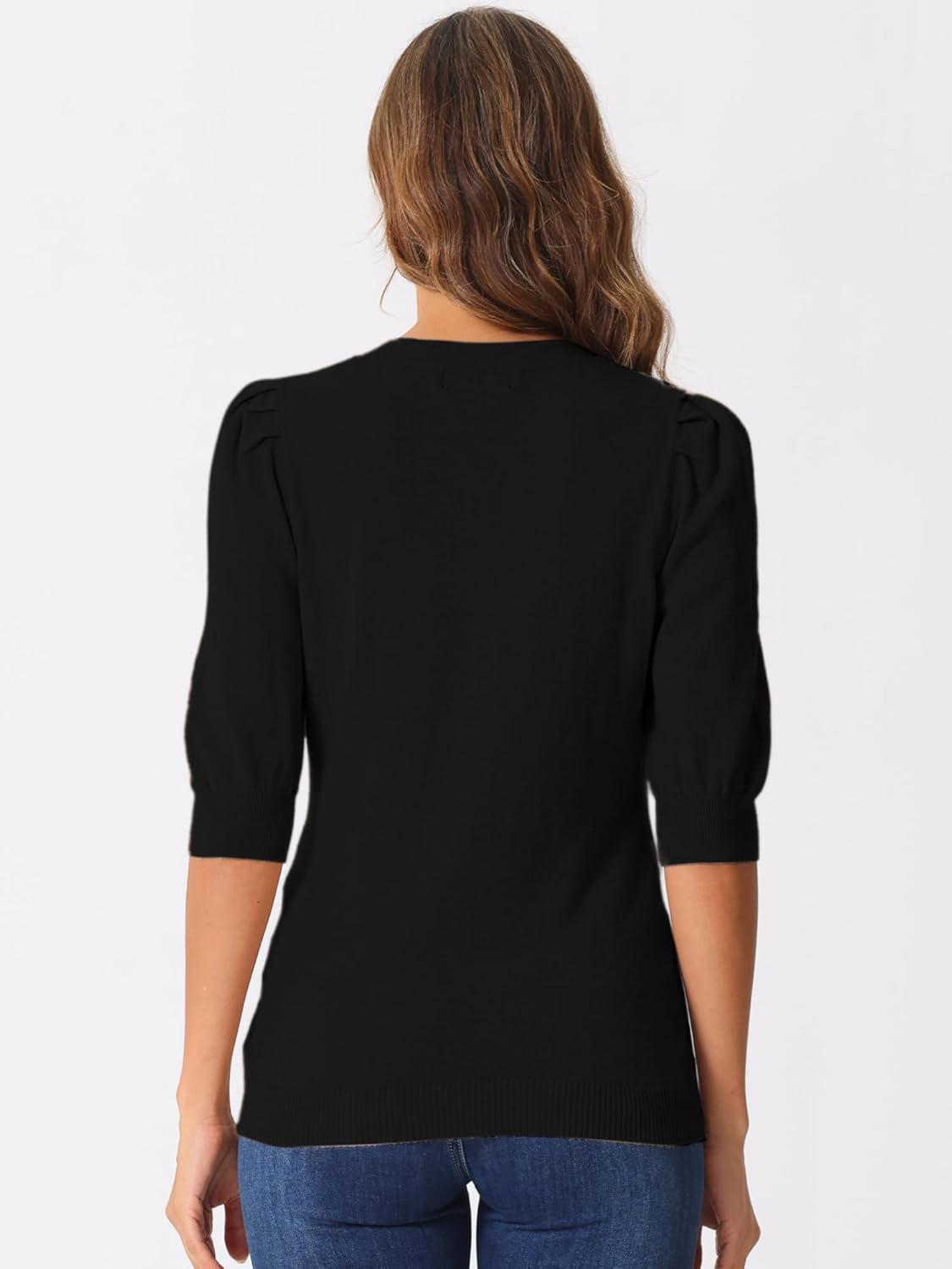 imageAllegra K Sweater Tops for Women Puff Short Sleeve V Neck Trendy Business Casual Summer t Shirt BlousesBlack
