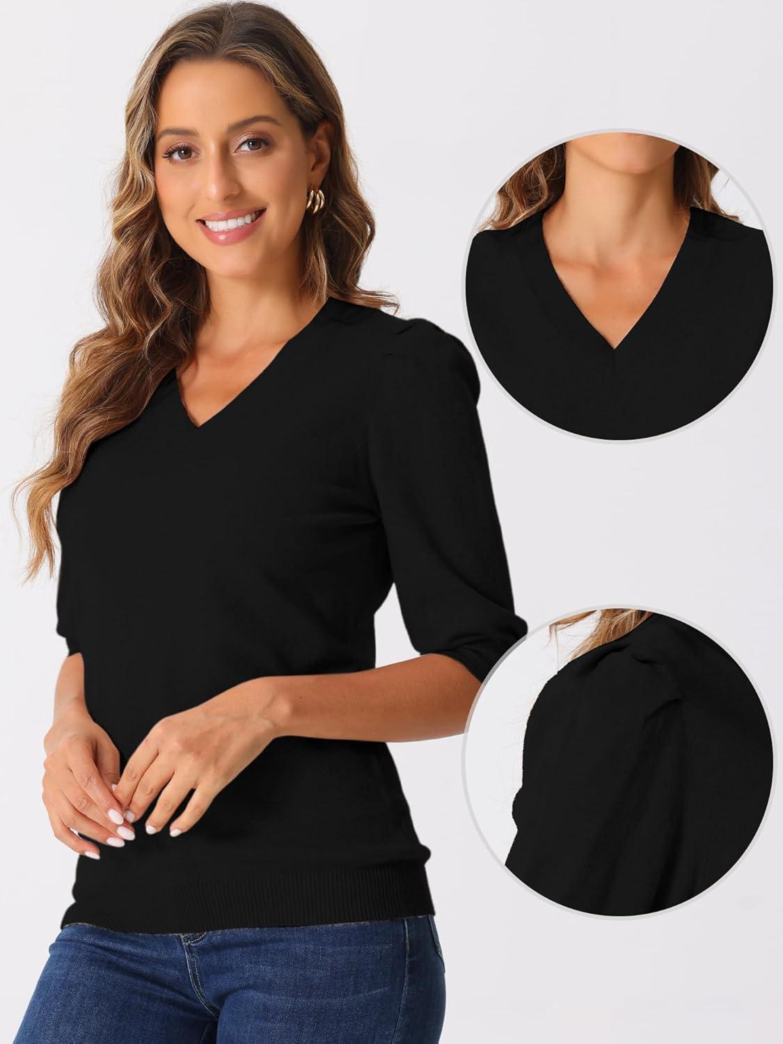 imageAllegra K Sweater Tops for Women Puff Short Sleeve V Neck Trendy Business Casual Summer t Shirt BlousesBlack