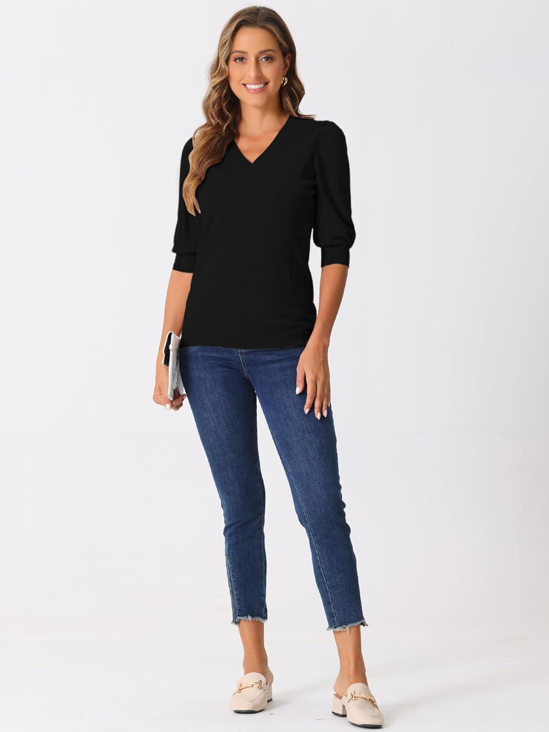 imageAllegra K Sweater Tops for Women Puff Short Sleeve V Neck Trendy Business Casual Summer t Shirt BlousesBlack