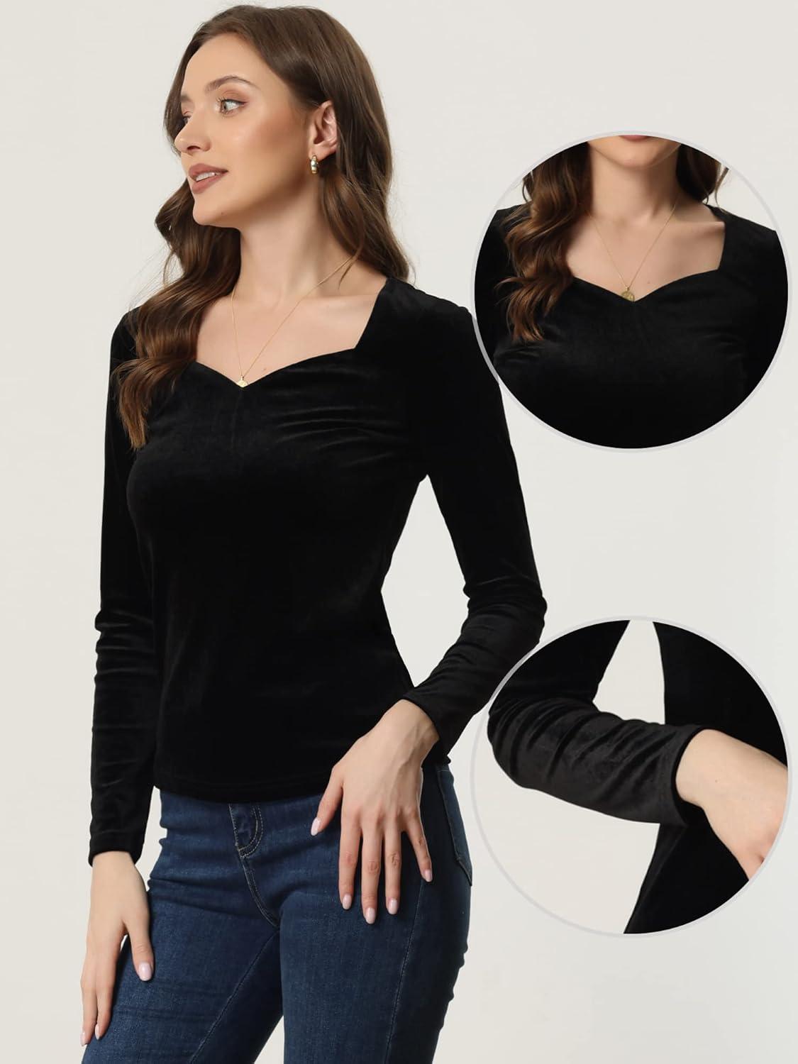 imageAllegra K Velvet Tops for Womens Long Sleeves Sweetheart Neck BlouseBlack