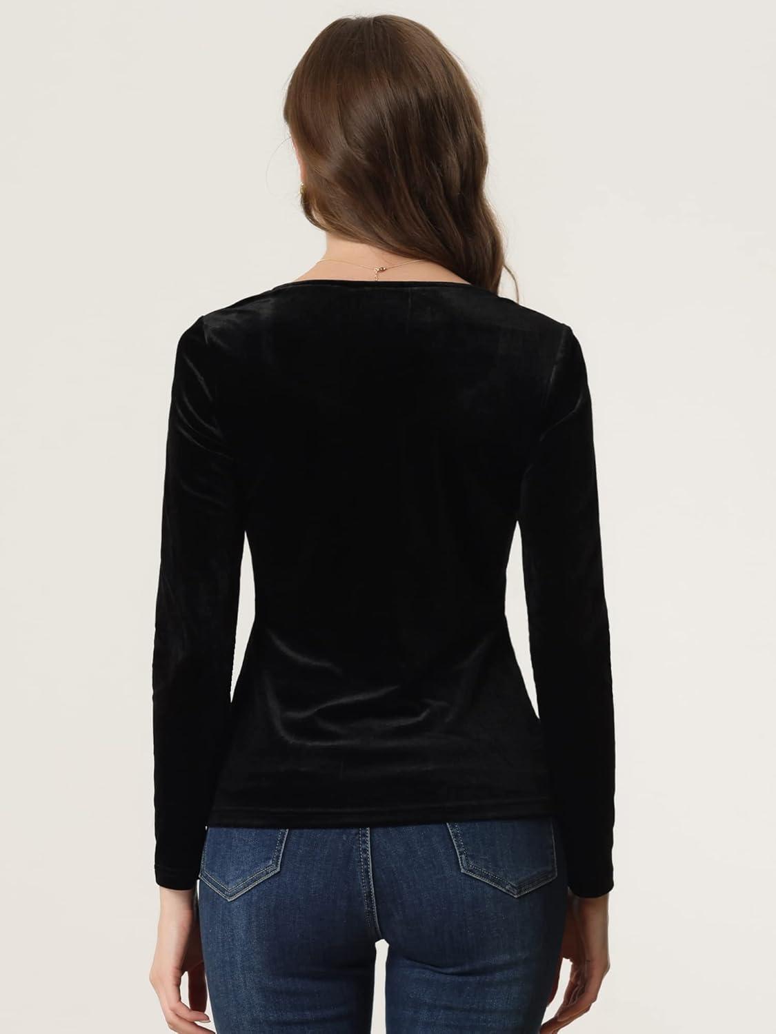 imageAllegra K Velvet Tops for Womens Long Sleeves Sweetheart Neck BlouseBlack