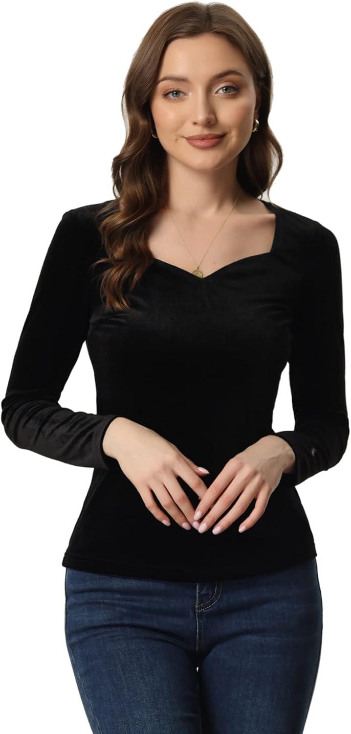 imageAllegra K Velvet Tops for Womens Long Sleeves Sweetheart Neck BlouseBlack