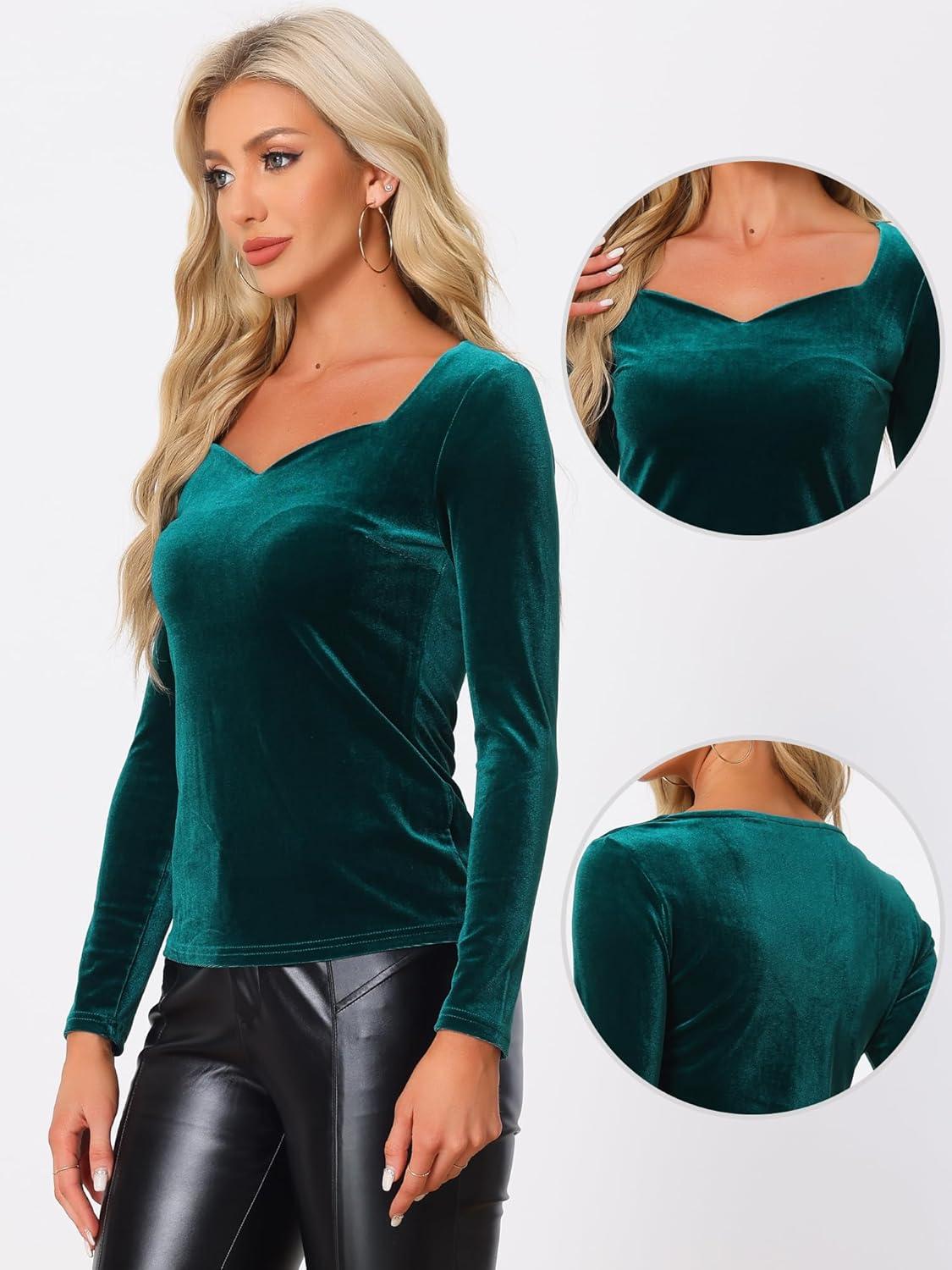 imageAllegra K Velvet Tops for Womens Long Sleeves Sweetheart Neck BlouseBlue Green