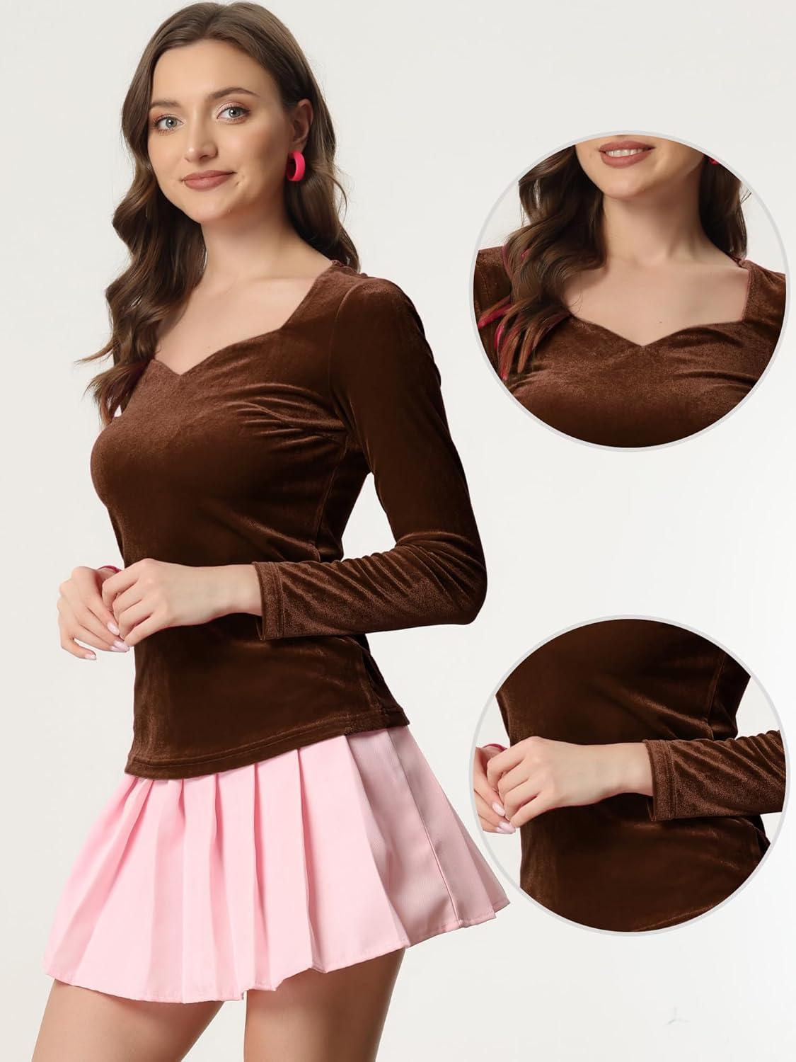 imageAllegra K Velvet Tops for Womens Long Sleeves Sweetheart Neck BlouseBrown