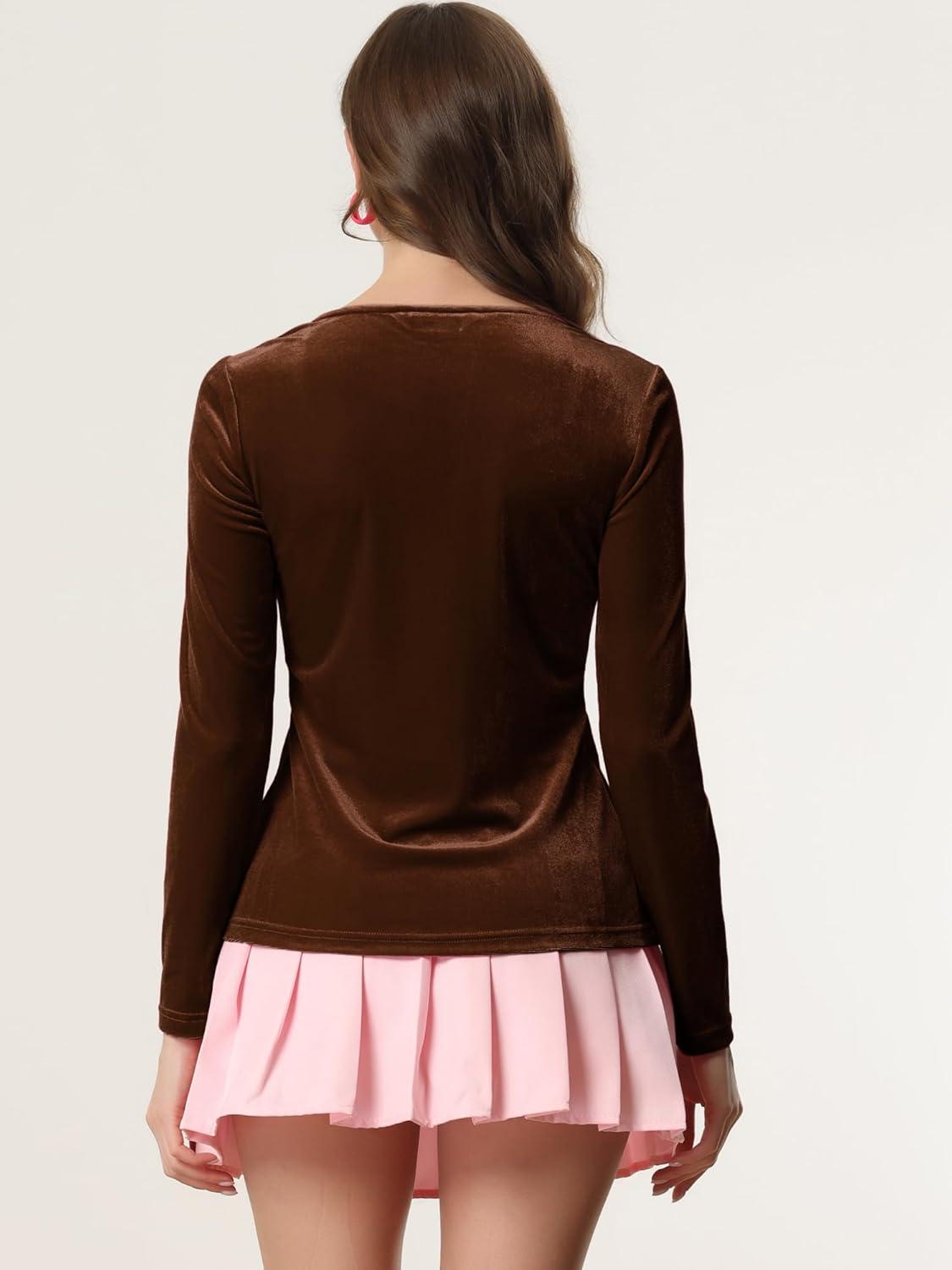 imageAllegra K Velvet Tops for Womens Long Sleeves Sweetheart Neck BlouseBrown