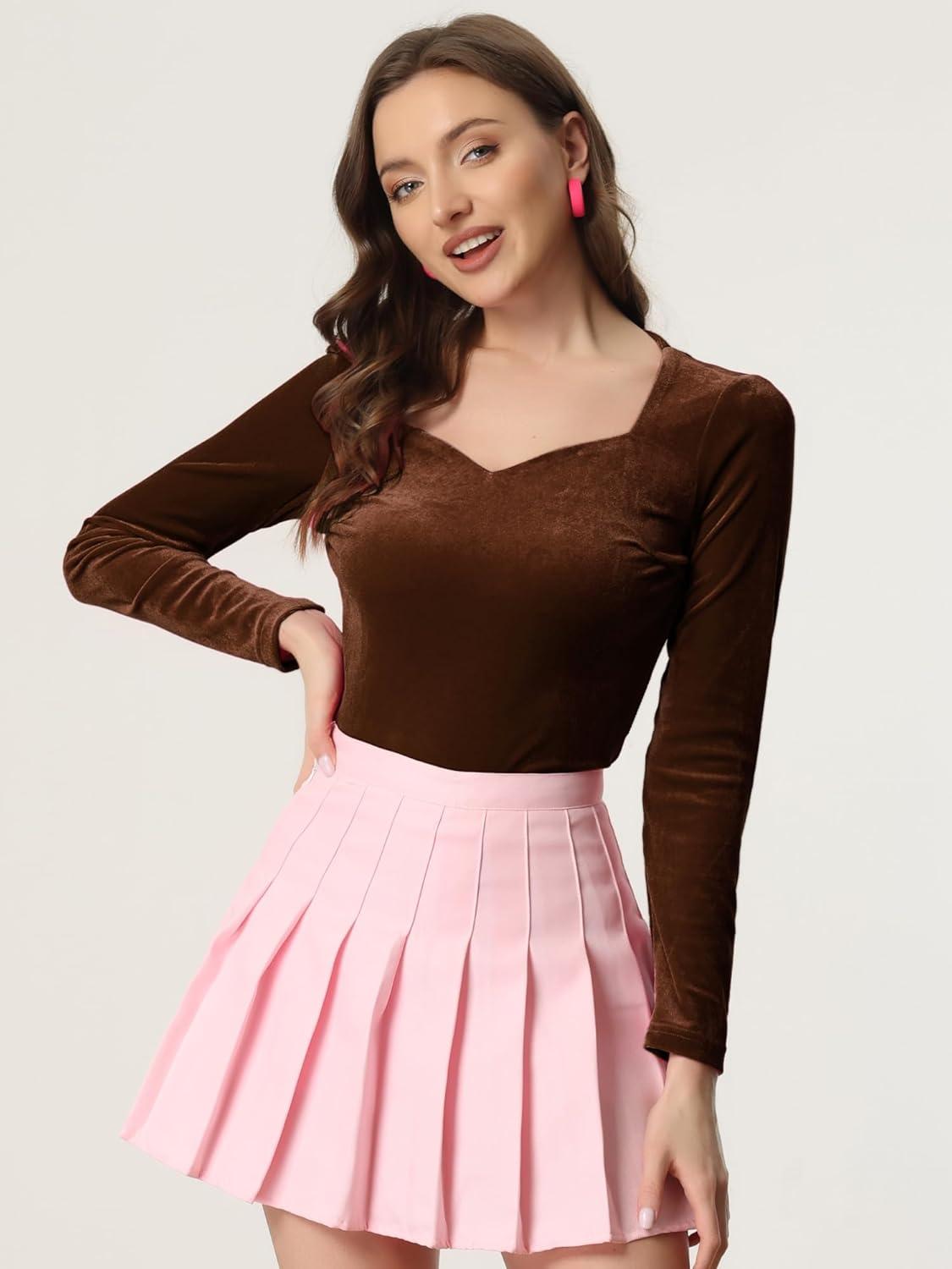 imageAllegra K Velvet Tops for Womens Long Sleeves Sweetheart Neck BlouseBrown