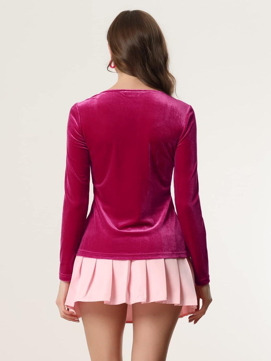 imageAllegra K Velvet Tops for Womens Long Sleeves Sweetheart Neck BlouseHot Pink