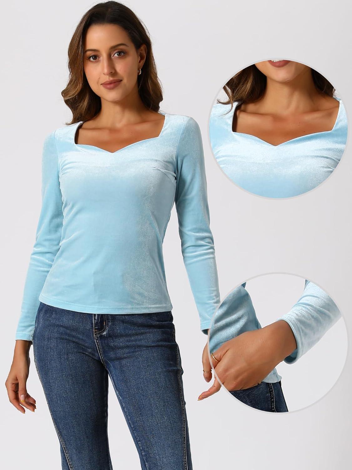 imageAllegra K Velvet Tops for Womens Long Sleeves Sweetheart Neck BlouseLight Blue