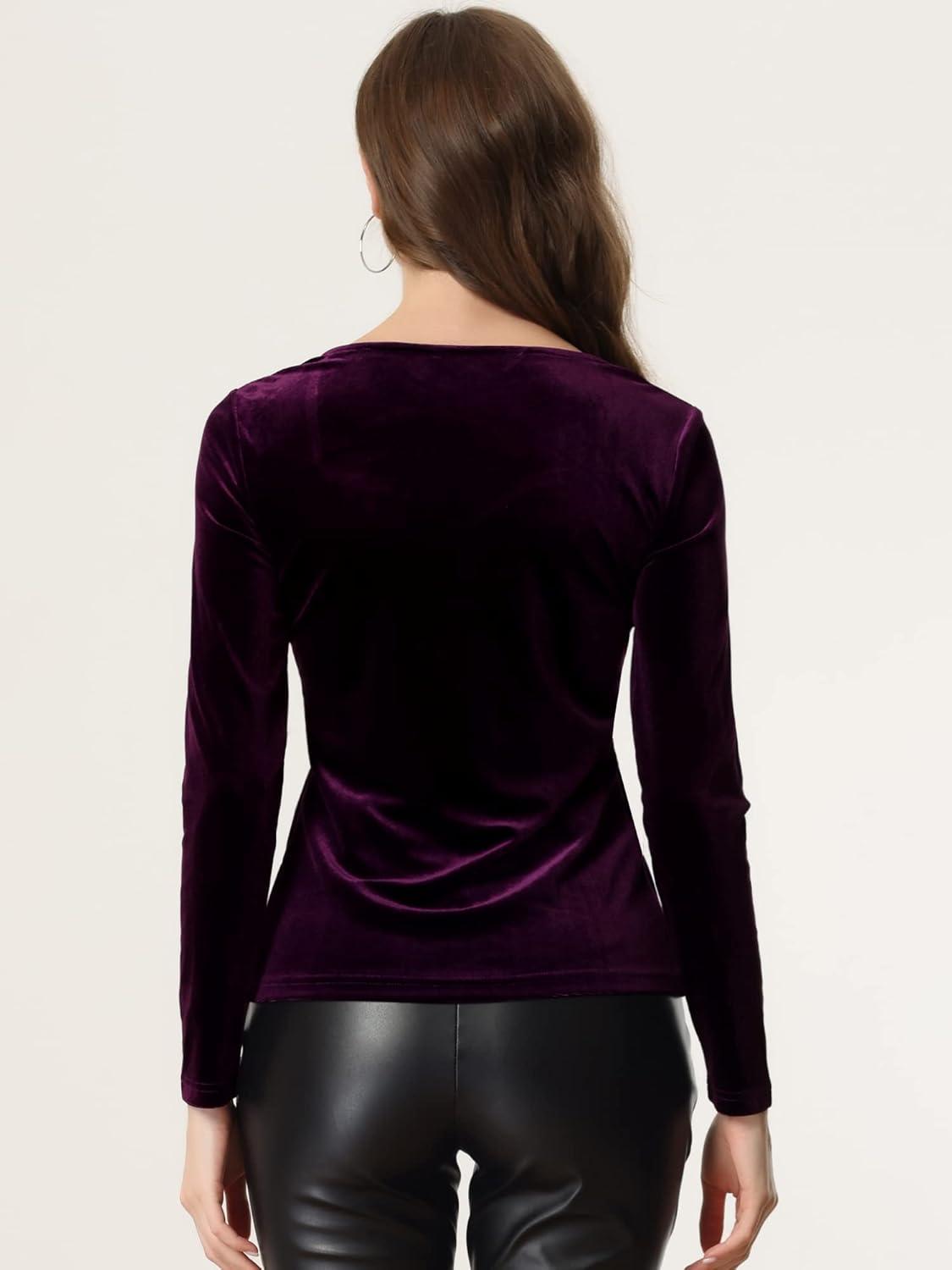 imageAllegra K Velvet Tops for Womens Long Sleeves Sweetheart Neck BlousePurple