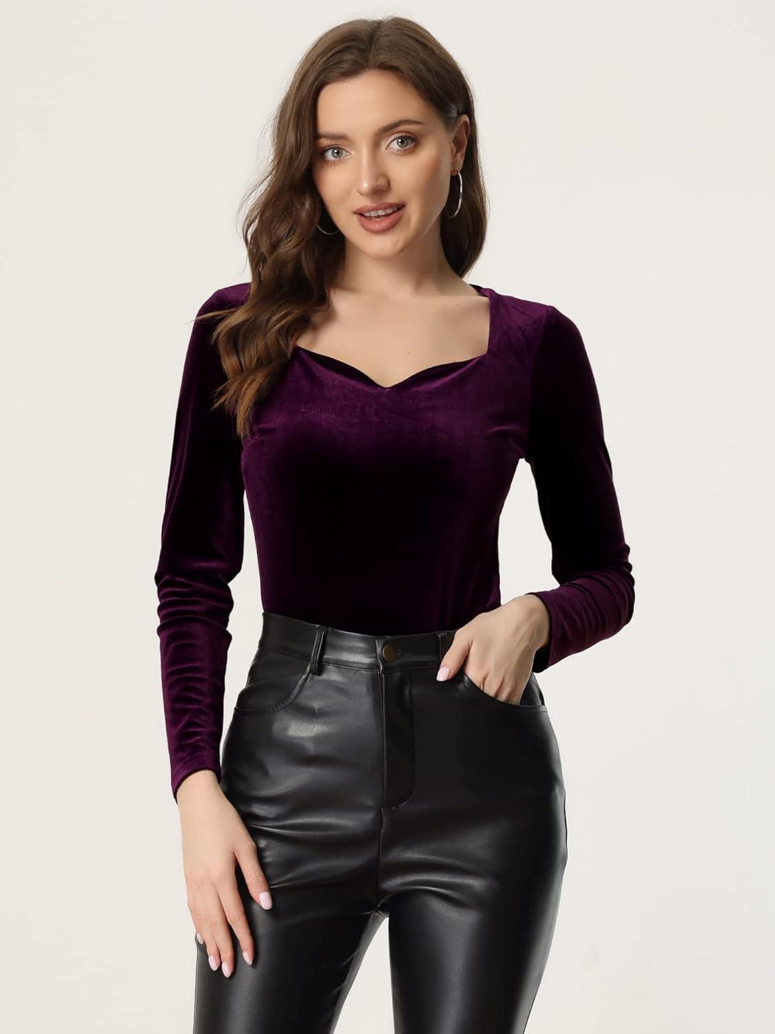 imageAllegra K Velvet Tops for Womens Long Sleeves Sweetheart Neck BlousePurple