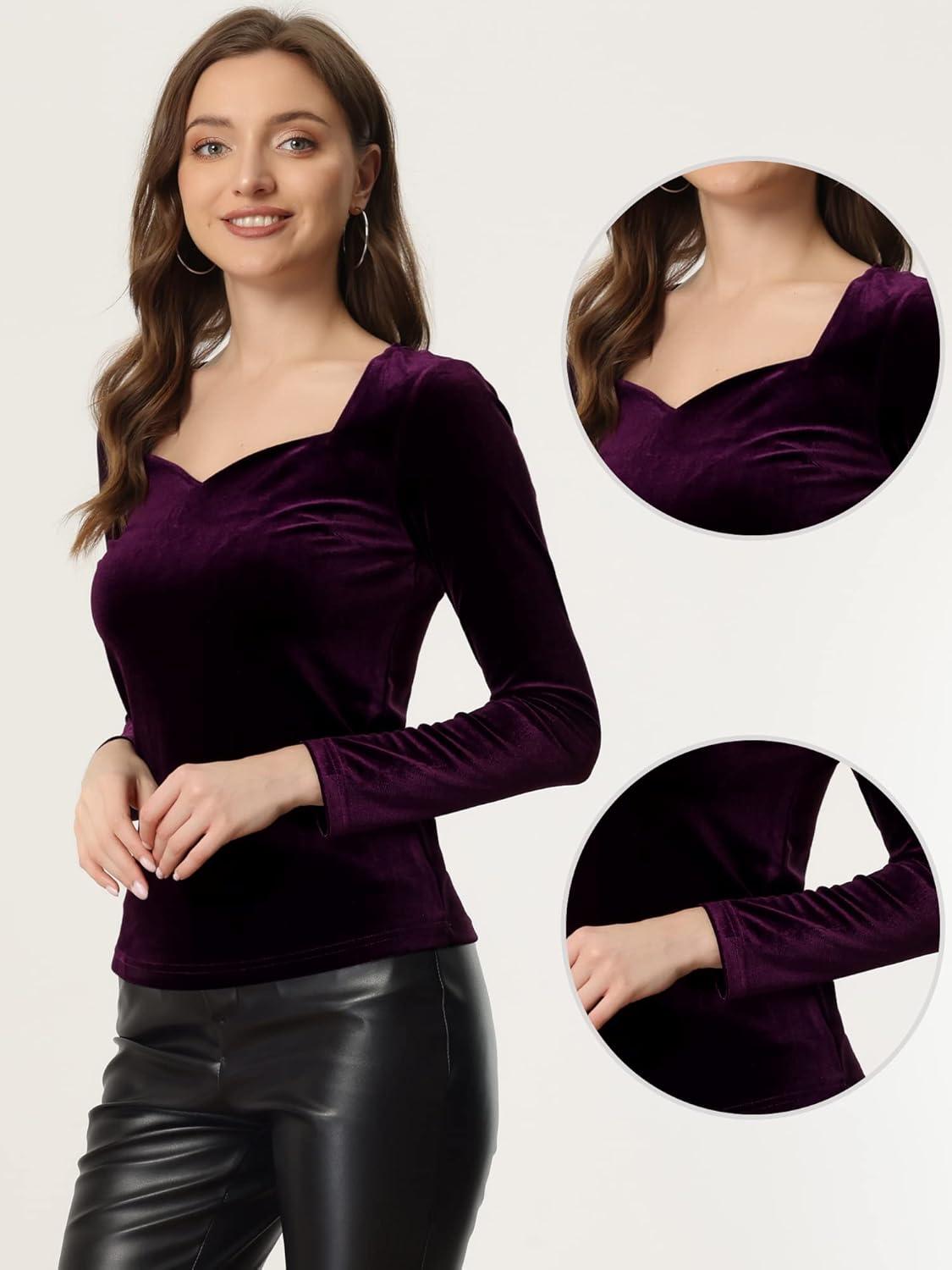 imageAllegra K Velvet Tops for Womens Long Sleeves Sweetheart Neck BlousePurple