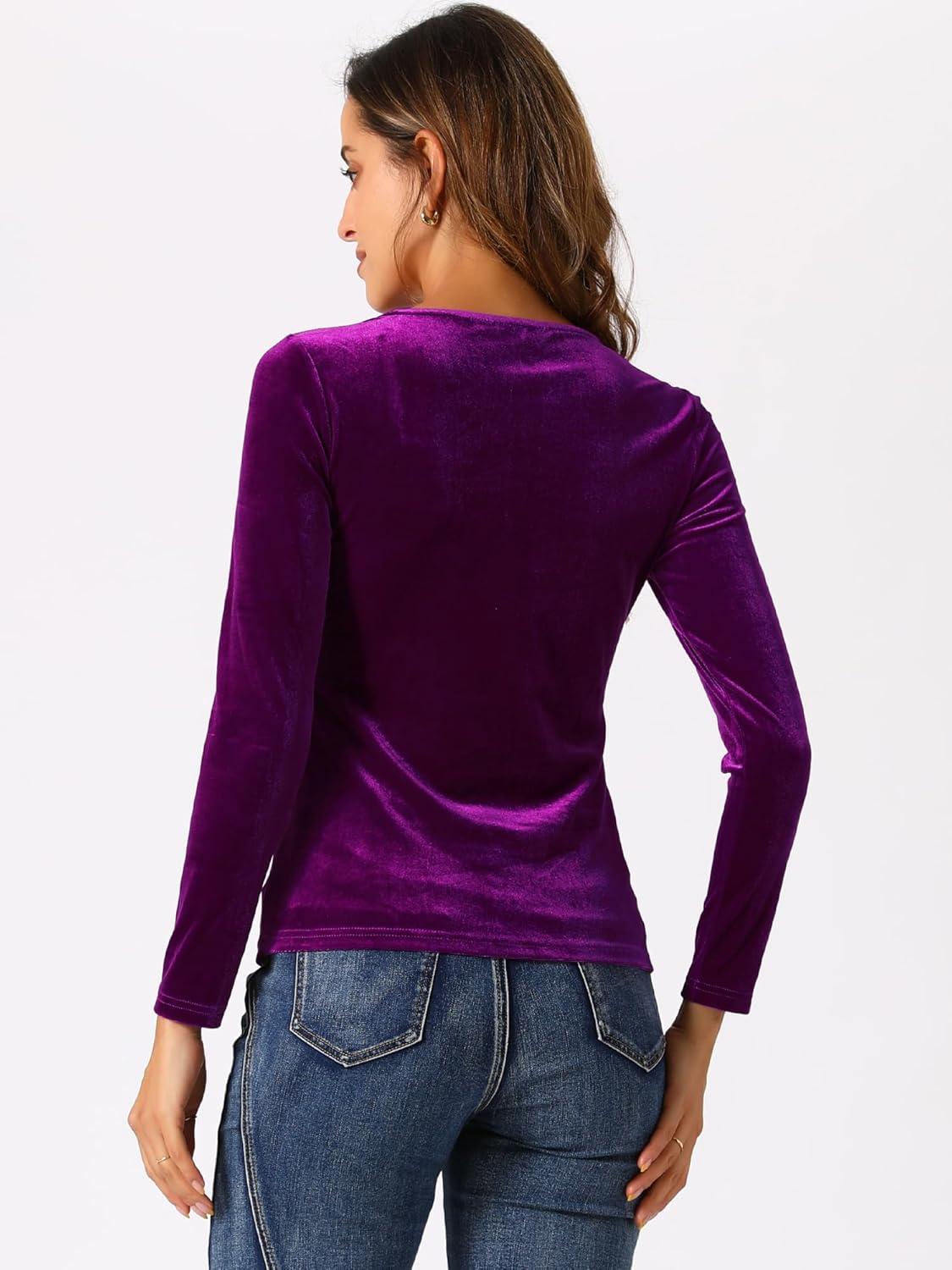 imageAllegra K Velvet Tops for Womens Long Sleeves Sweetheart Neck BlousePurple Red