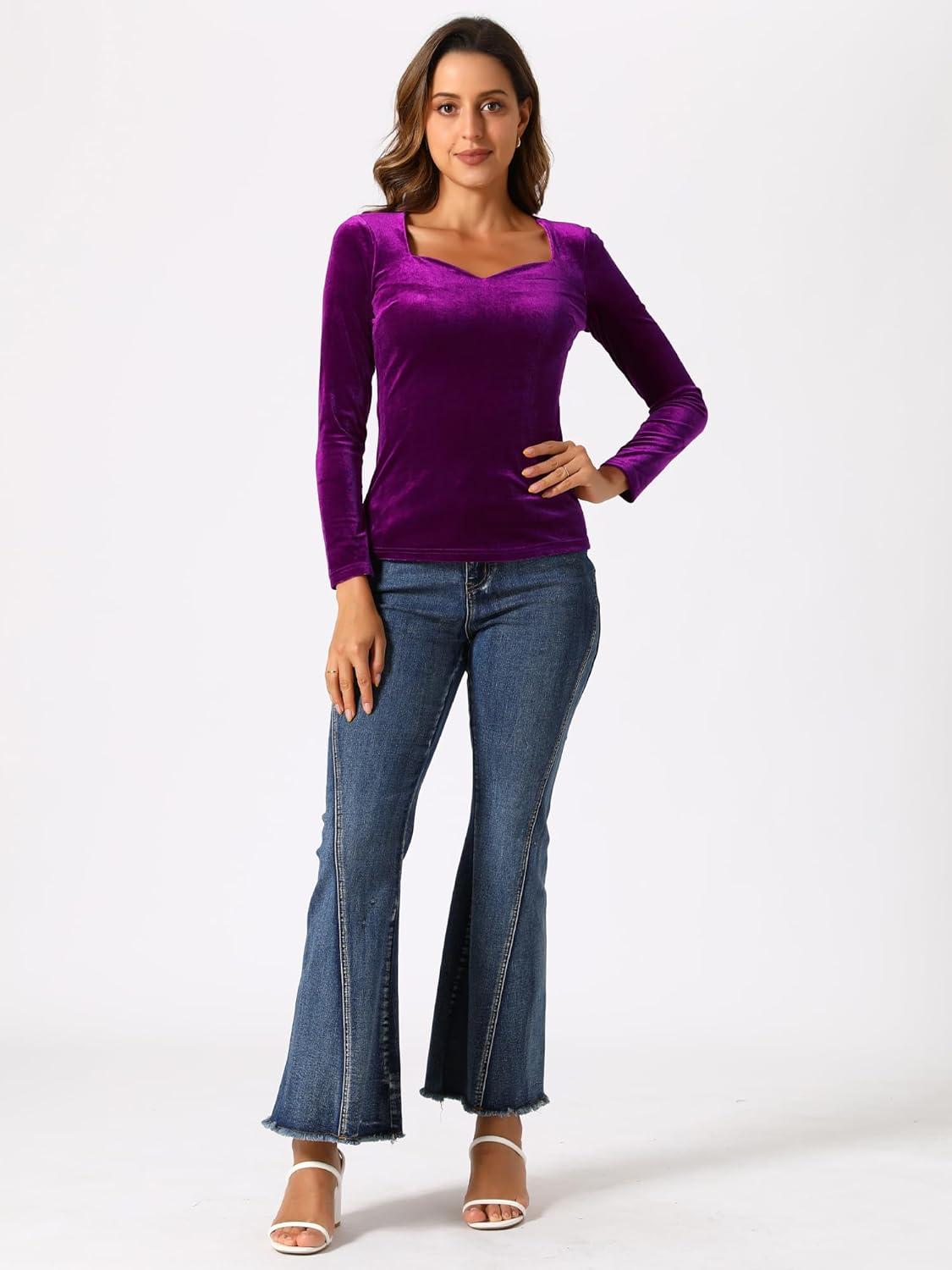 imageAllegra K Velvet Tops for Womens Long Sleeves Sweetheart Neck BlousePurple Red