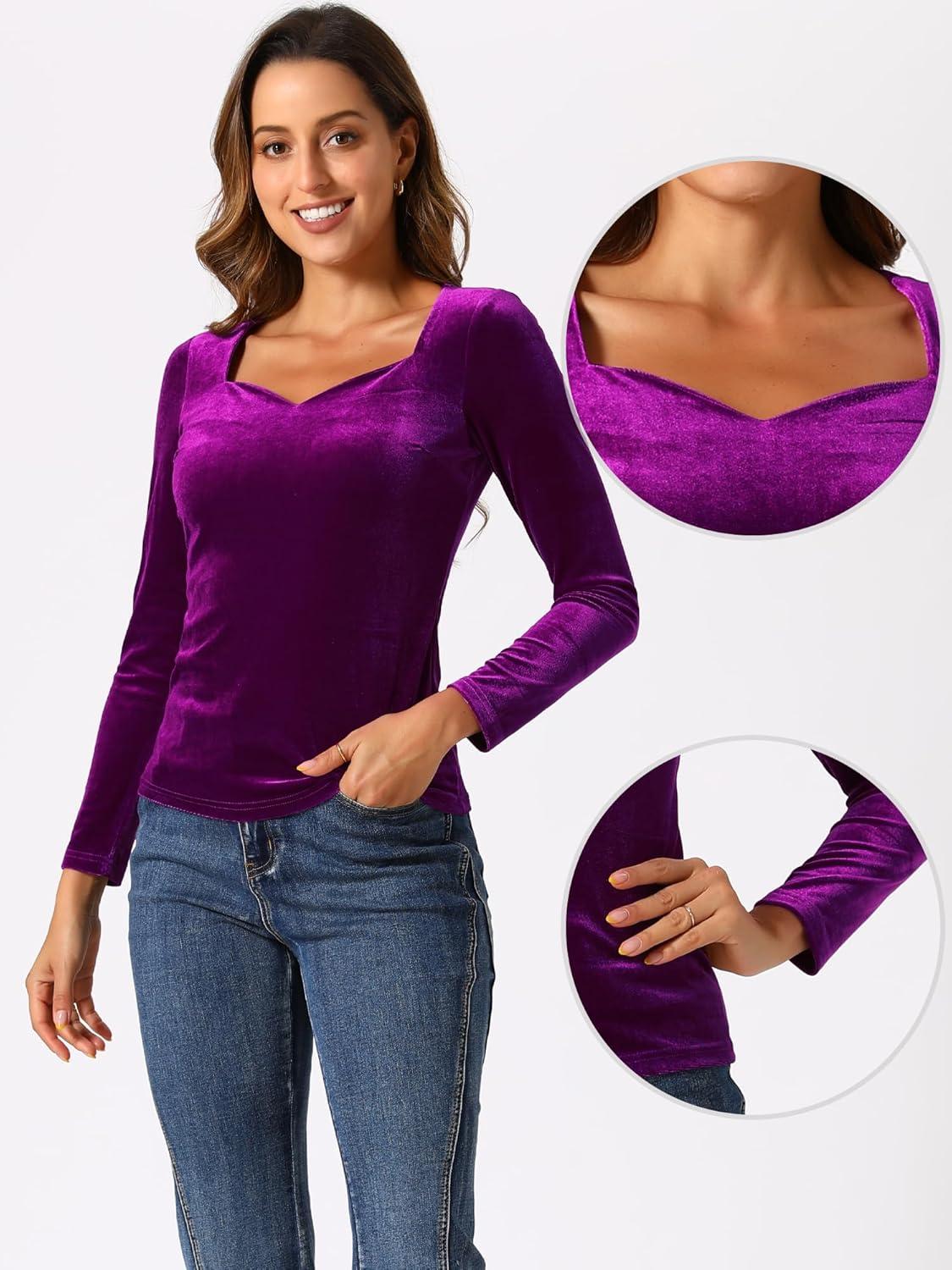 imageAllegra K Velvet Tops for Womens Long Sleeves Sweetheart Neck BlousePurple Red