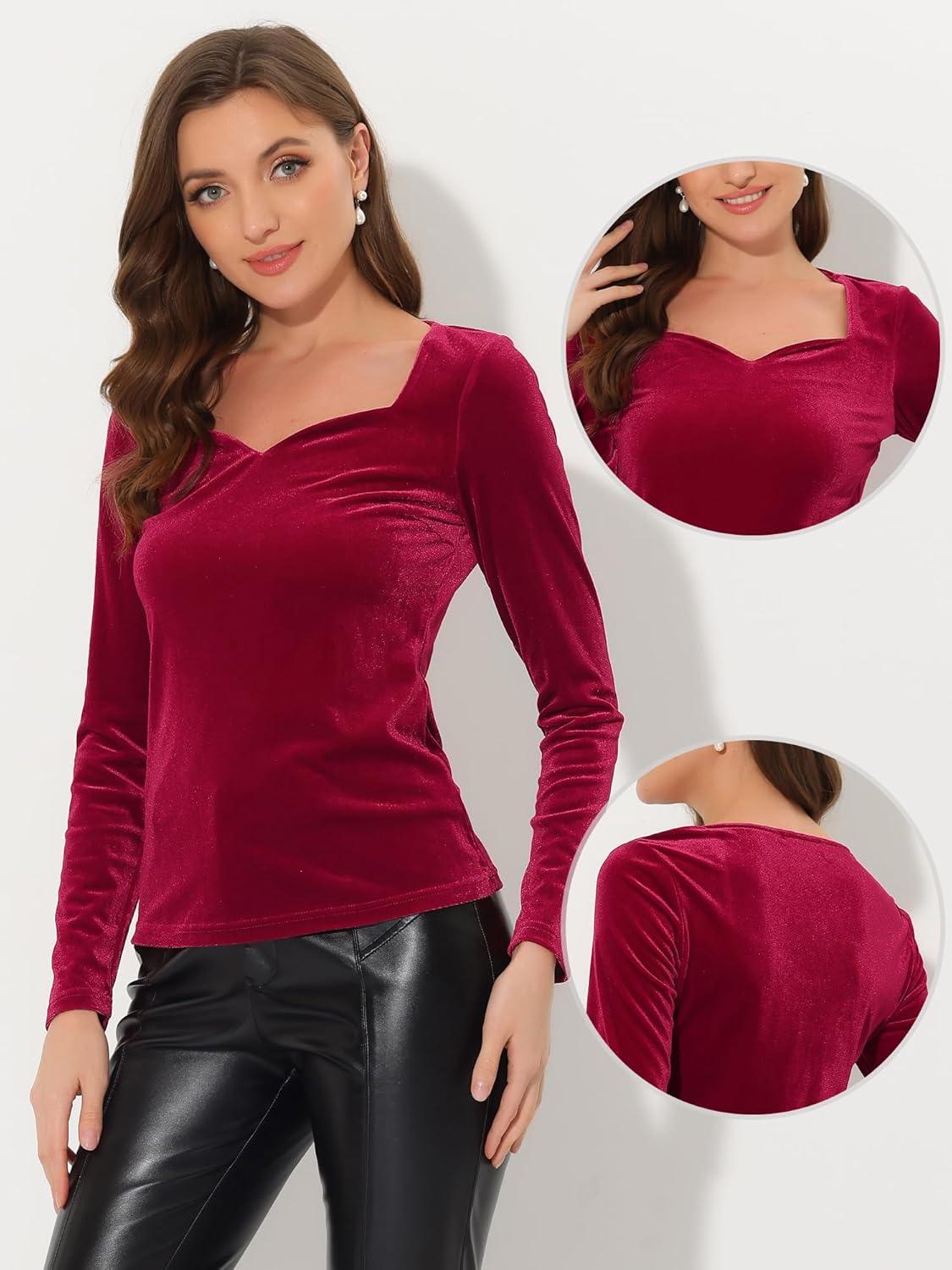 imageAllegra K Velvet Tops for Womens Long Sleeves Sweetheart Neck BlouseRed