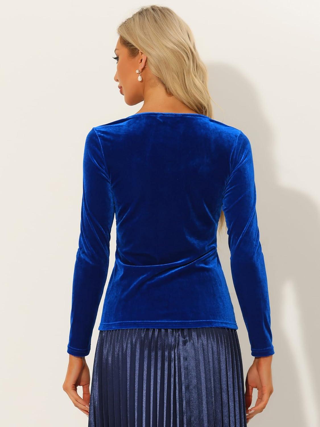 imageAllegra K Velvet Tops for Womens Long Sleeves Sweetheart Neck BlouseRoyal Blue