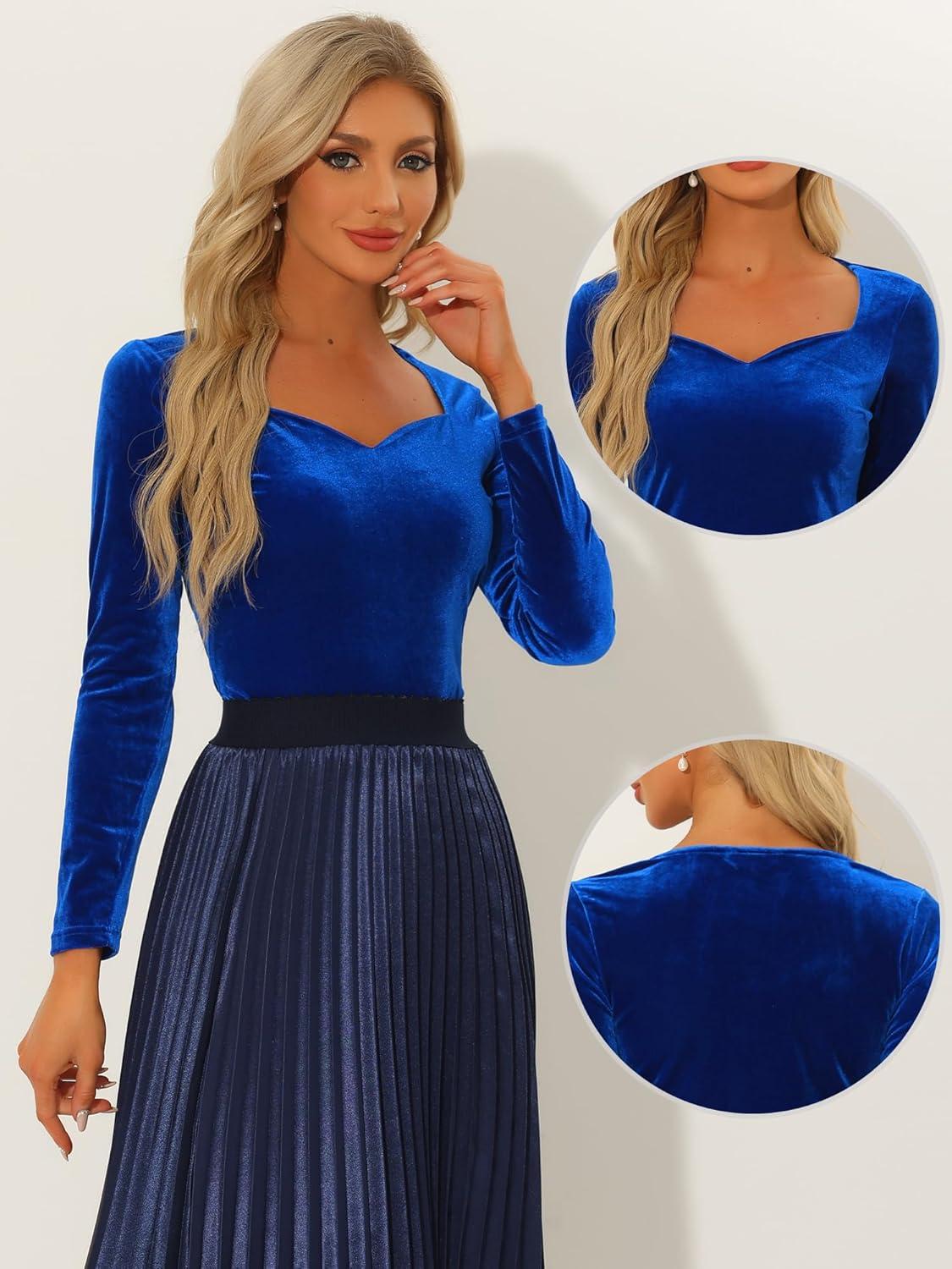 imageAllegra K Velvet Tops for Womens Long Sleeves Sweetheart Neck BlouseRoyal Blue