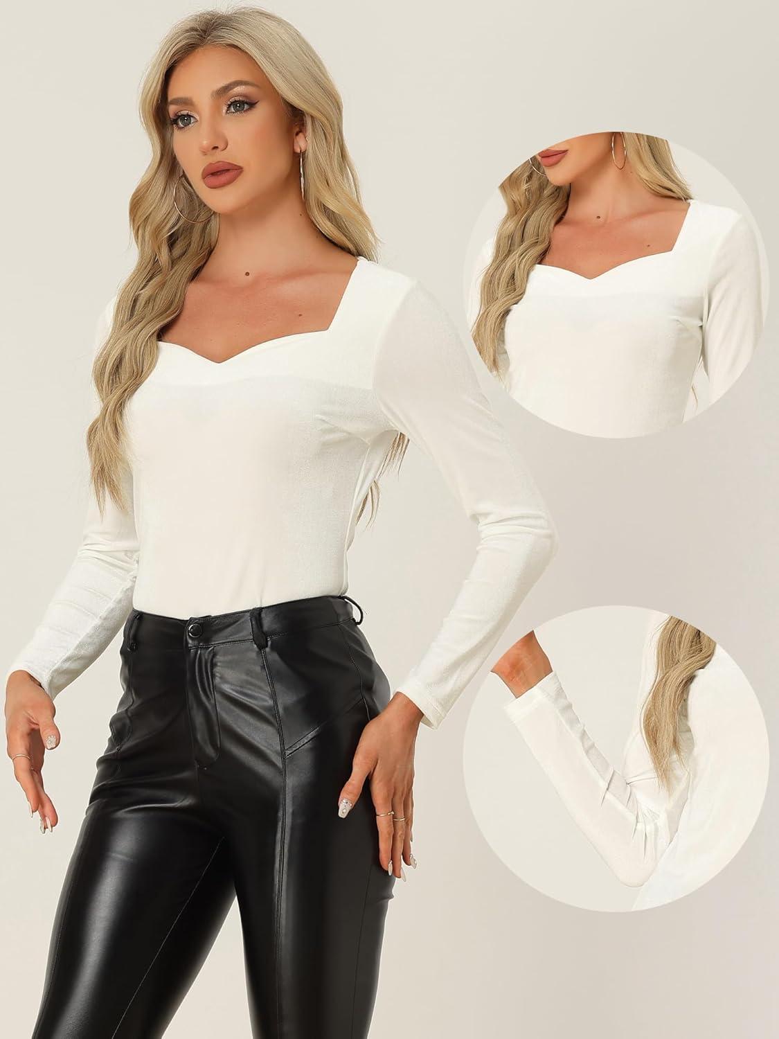 imageAllegra K Velvet Tops for Womens Long Sleeves Sweetheart Neck BlouseWhite