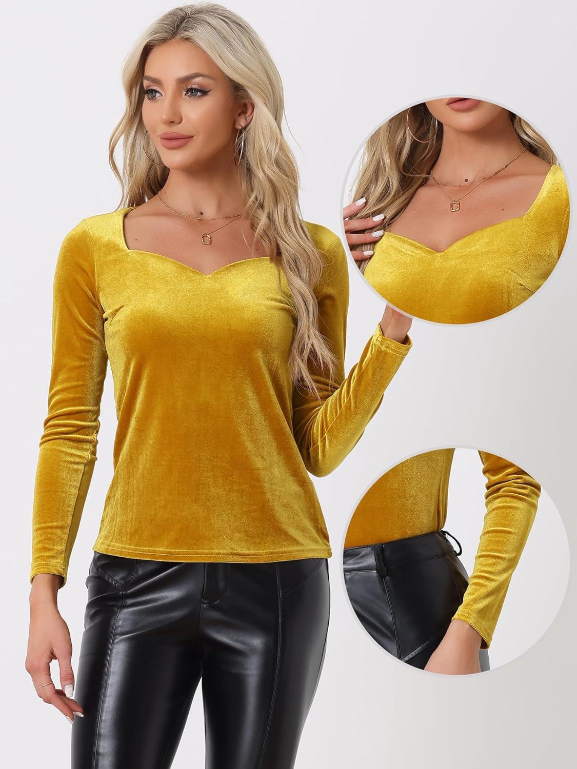 imageAllegra K Velvet Tops for Womens Long Sleeves Sweetheart Neck BlouseYellow