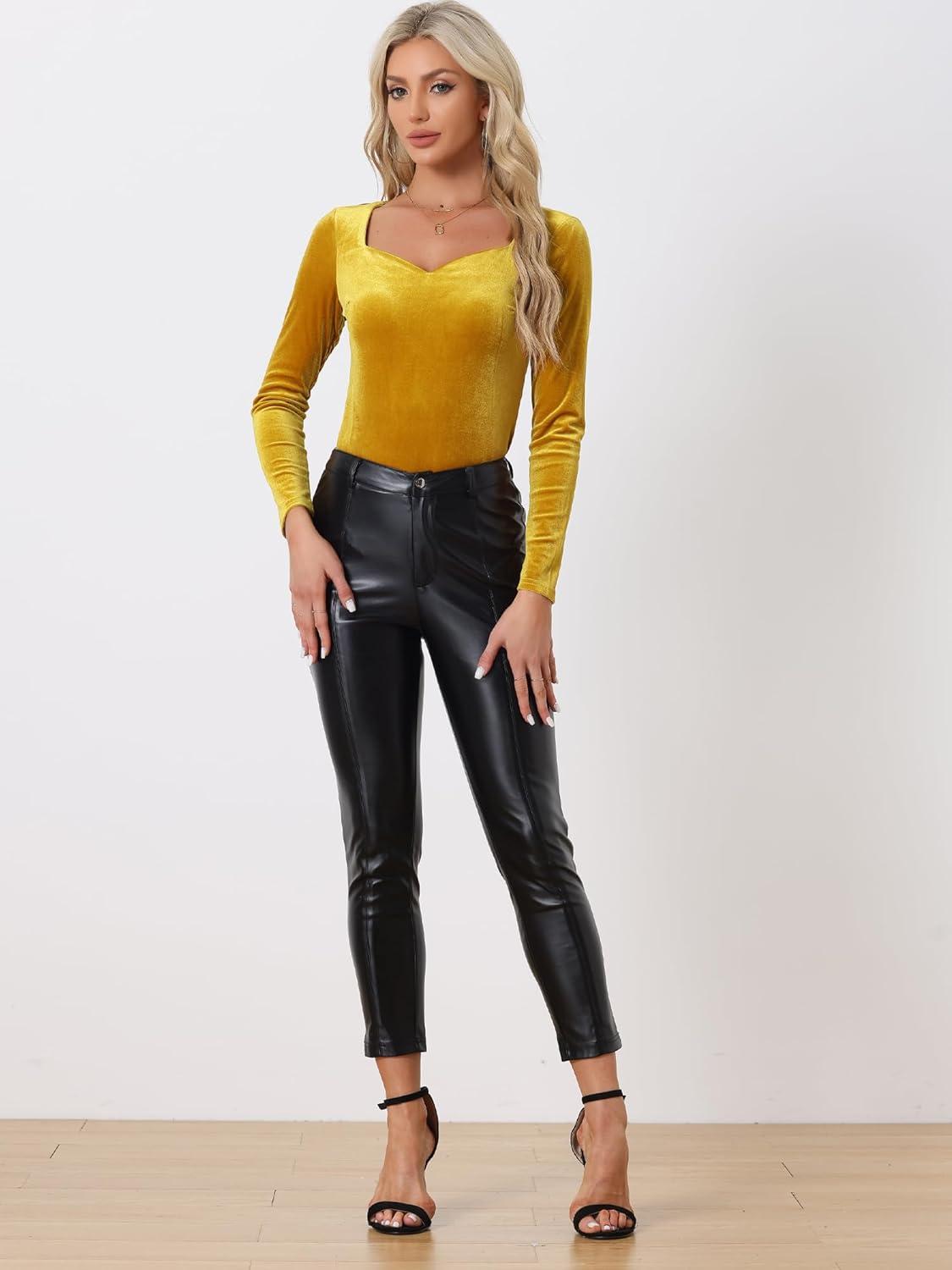 imageAllegra K Velvet Tops for Womens Long Sleeves Sweetheart Neck BlouseYellow