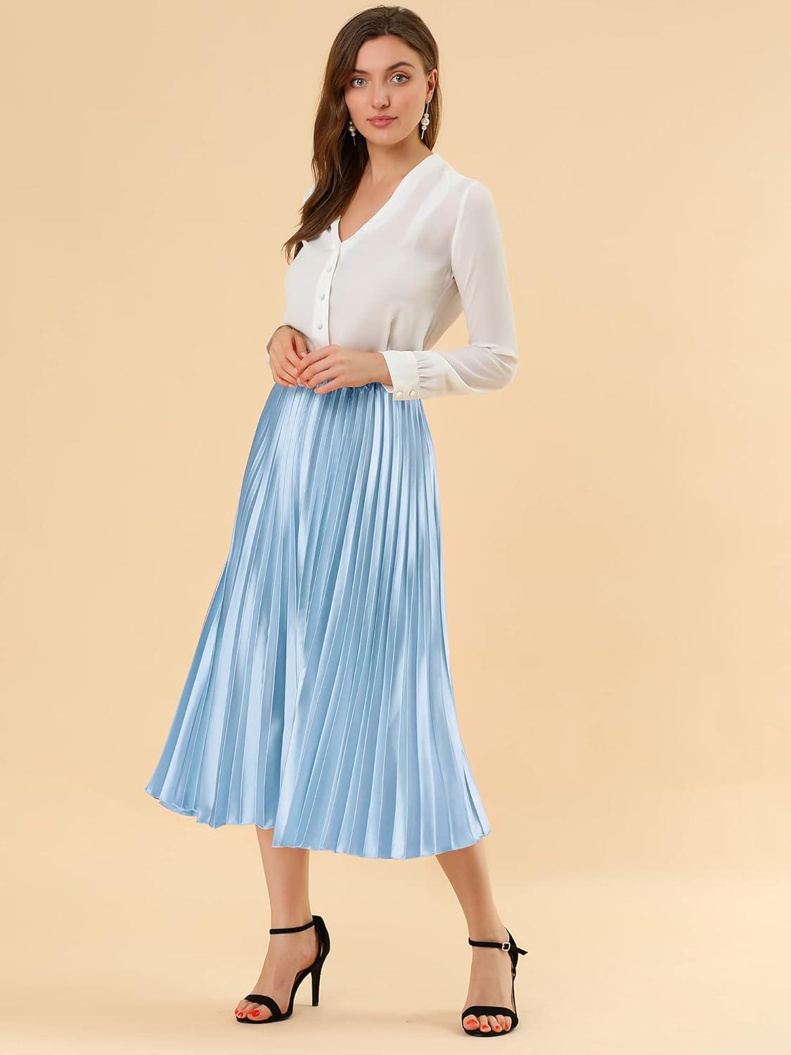 imageAllegra K Women Pleated Skirt Midi Length Elastic High Waisted A Line Metallic Shirring Party SkirtsBlue