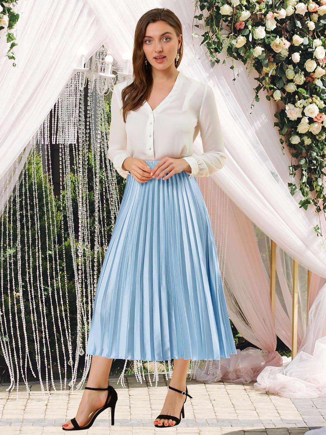 imageAllegra K Women Pleated Skirt Midi Length Elastic High Waisted A Line Metallic Shirring Party SkirtsBlue