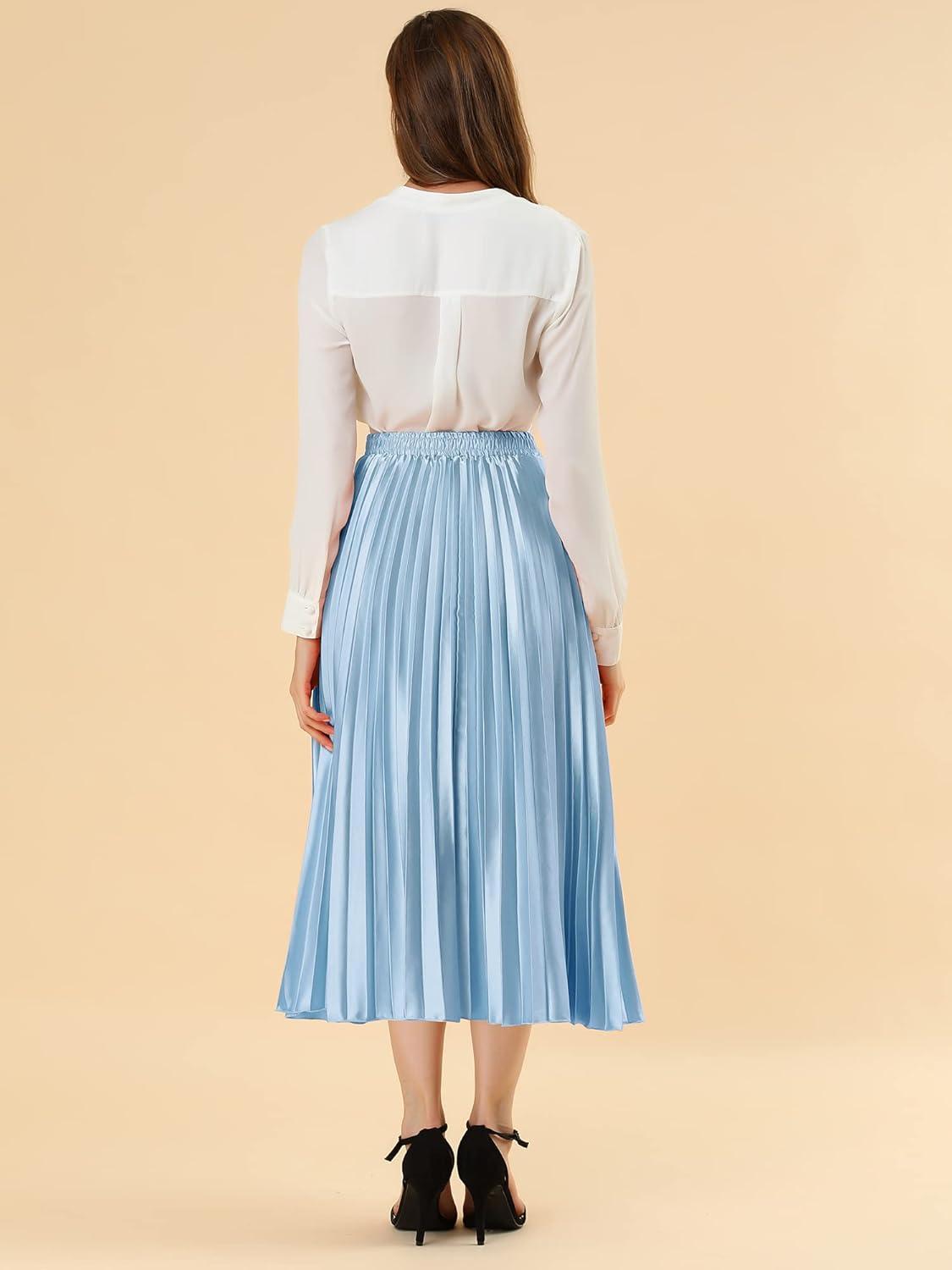 imageAllegra K Women Pleated Skirt Midi Length Elastic High Waisted A Line Metallic Shirring Party SkirtsBlue