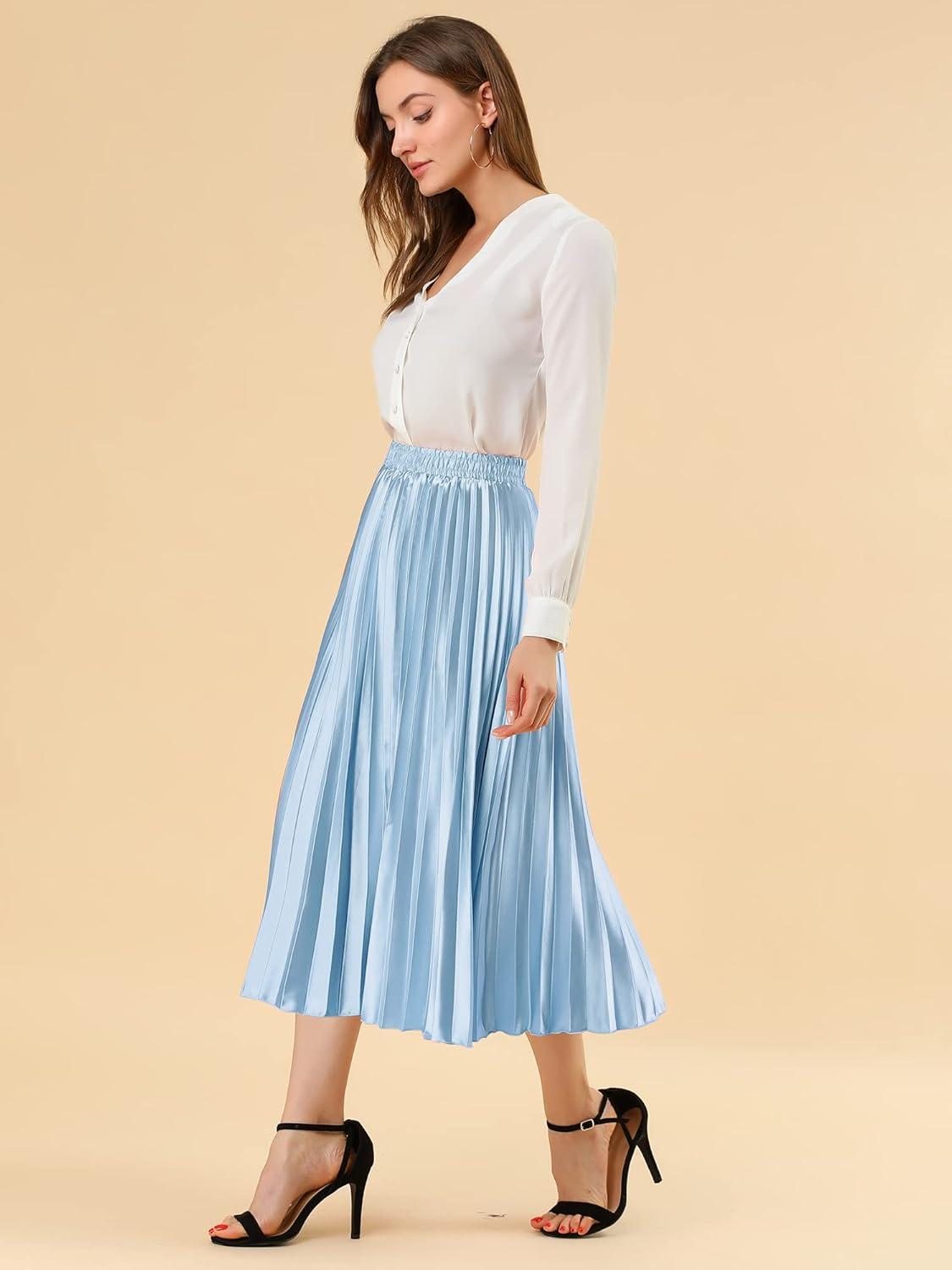 imageAllegra K Women Pleated Skirt Midi Length Elastic High Waisted A Line Metallic Shirring Party SkirtsBlue