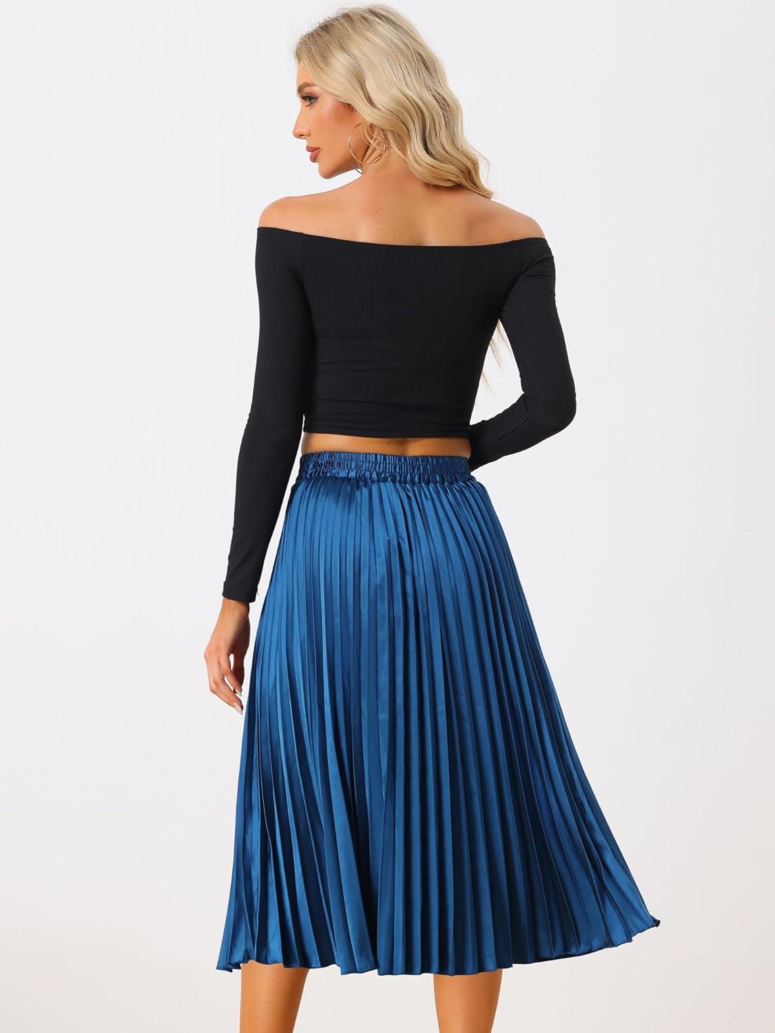 imageAllegra K Women Pleated Skirt Midi Length Elastic High Waisted A Line Metallic Shirring Party SkirtsBlue1