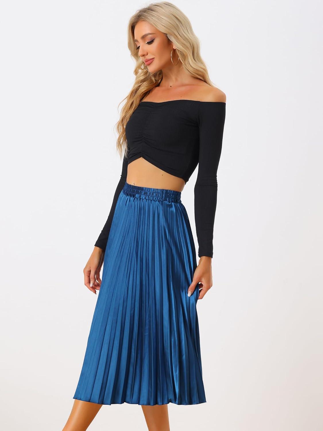 imageAllegra K Women Pleated Skirt Midi Length Elastic High Waisted A Line Metallic Shirring Party SkirtsBlue1